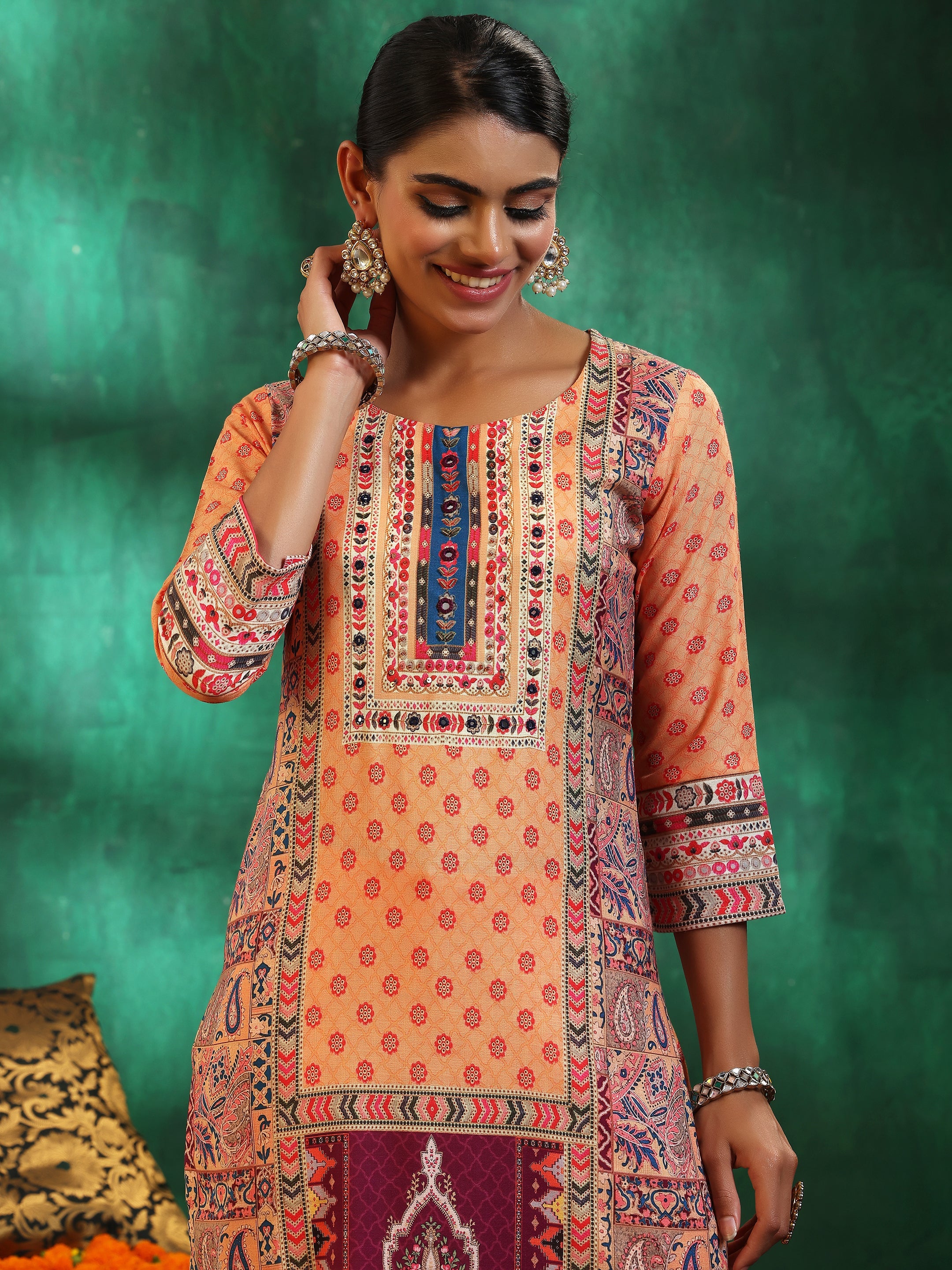 Multicoloured Printed Linen Straight Suit With Dupatta