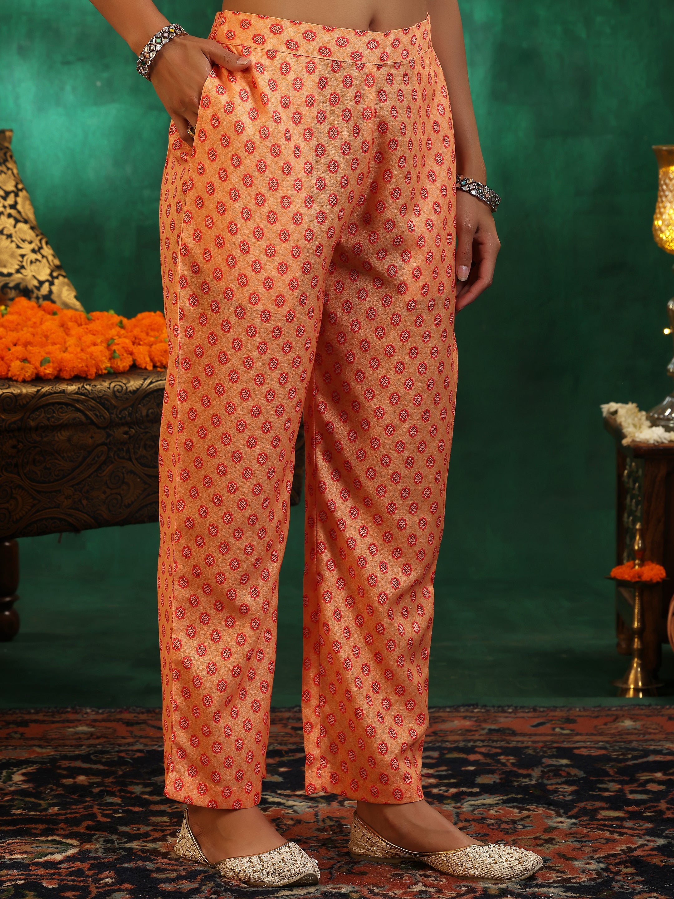 Multicoloured Printed Linen Straight Suit With Dupatta