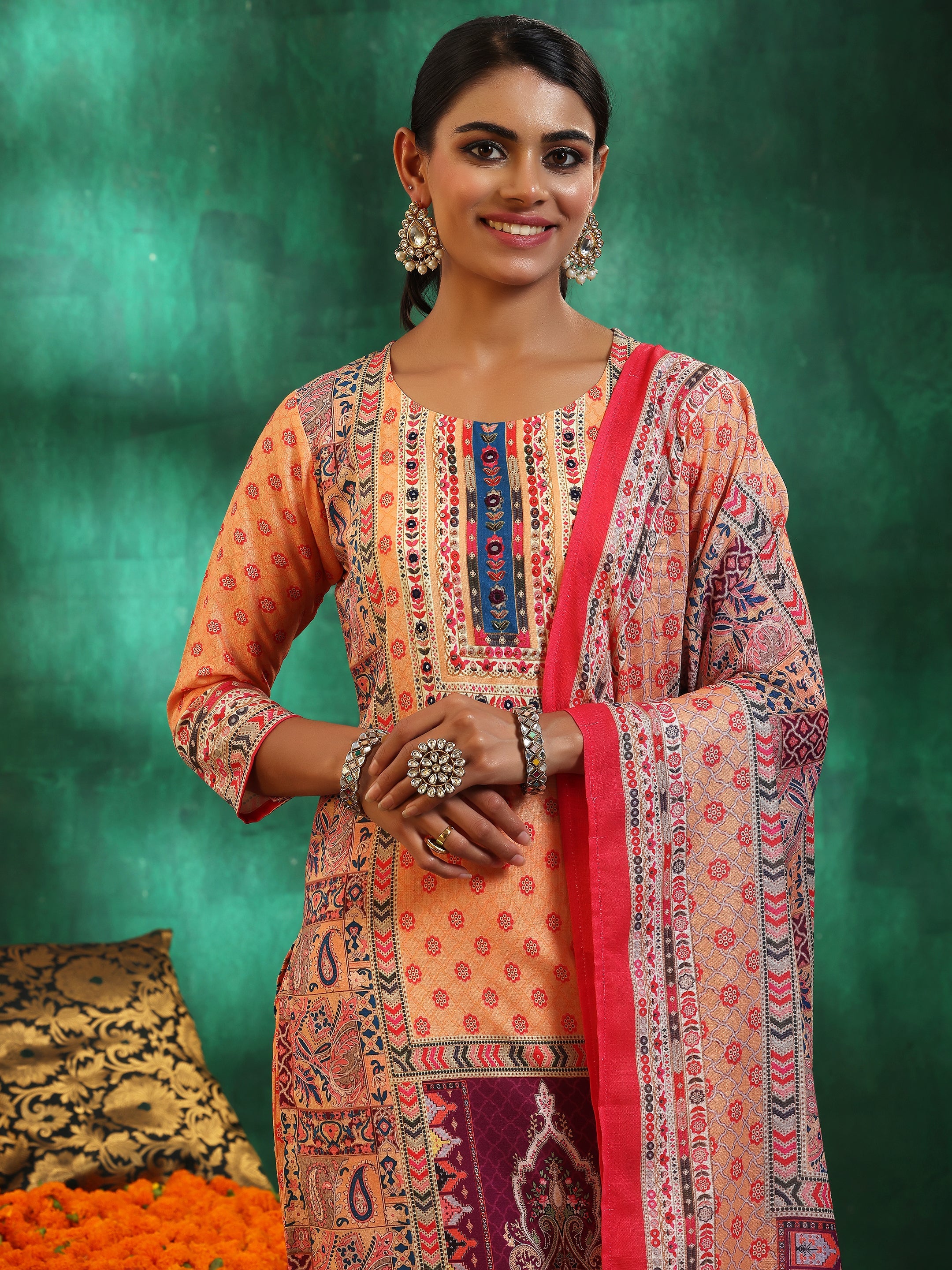 Multicoloured Printed Linen Straight Suit With Dupatta