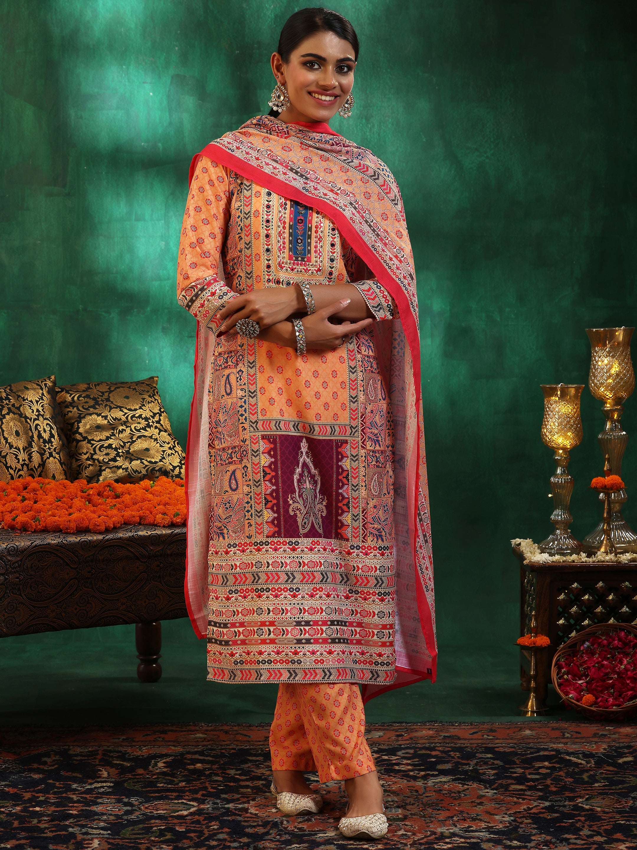 Multicoloured Printed Linen Straight Suit With Dupatta