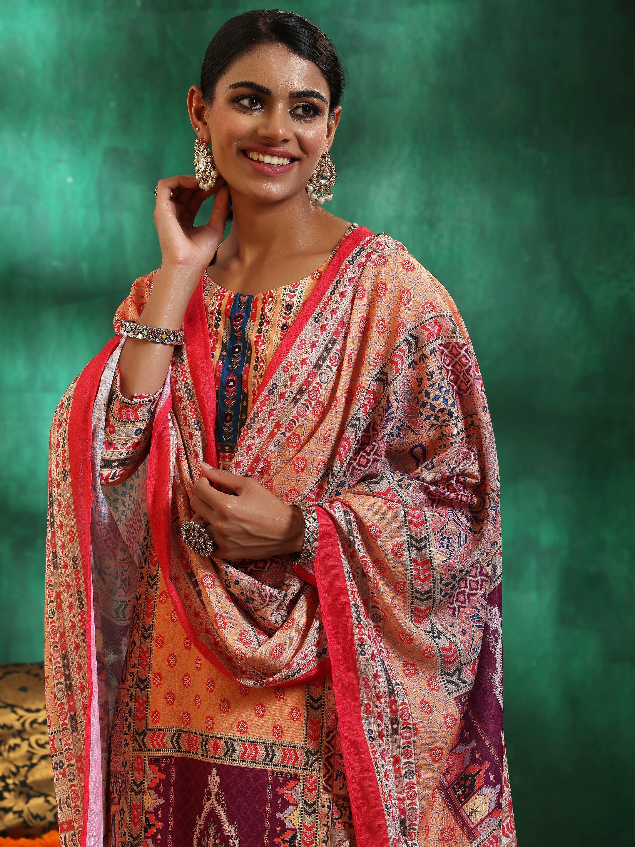 Multicoloured Printed Linen Straight Suit With Dupatta