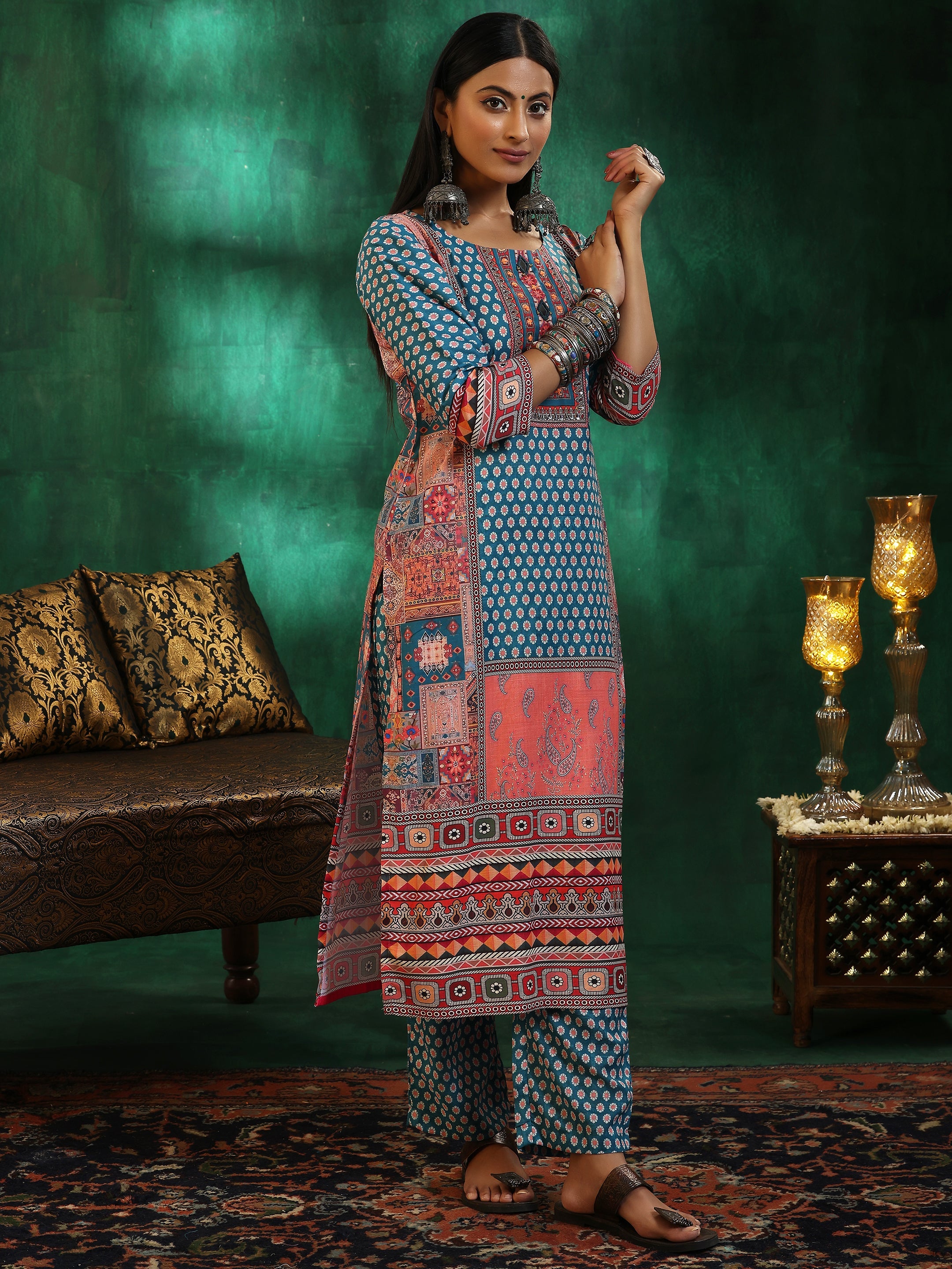 Multicoloured Printed Linen Straight Suit With Dupatta