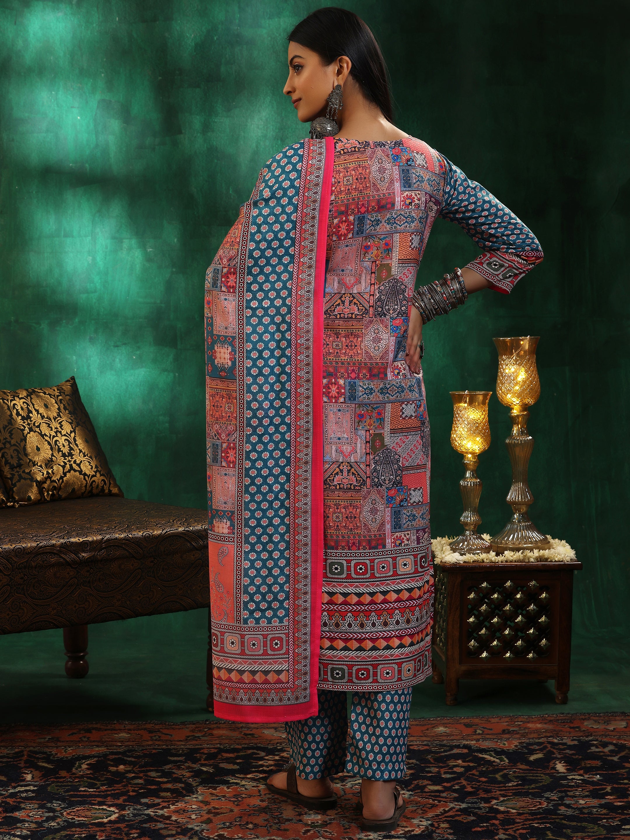 Multicoloured Printed Linen Straight Suit With Dupatta