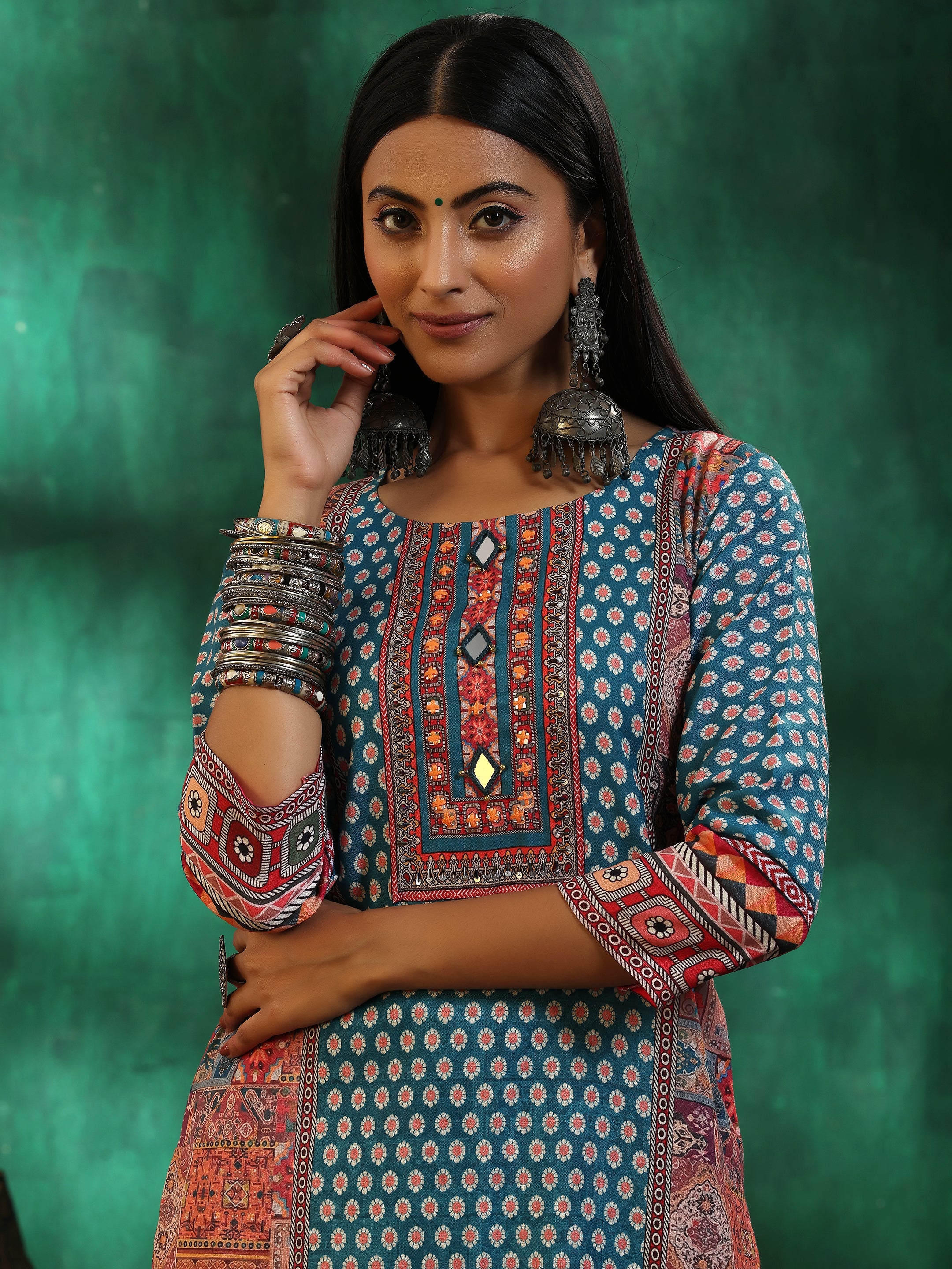 Multicoloured Printed Linen Straight Suit With Dupatta