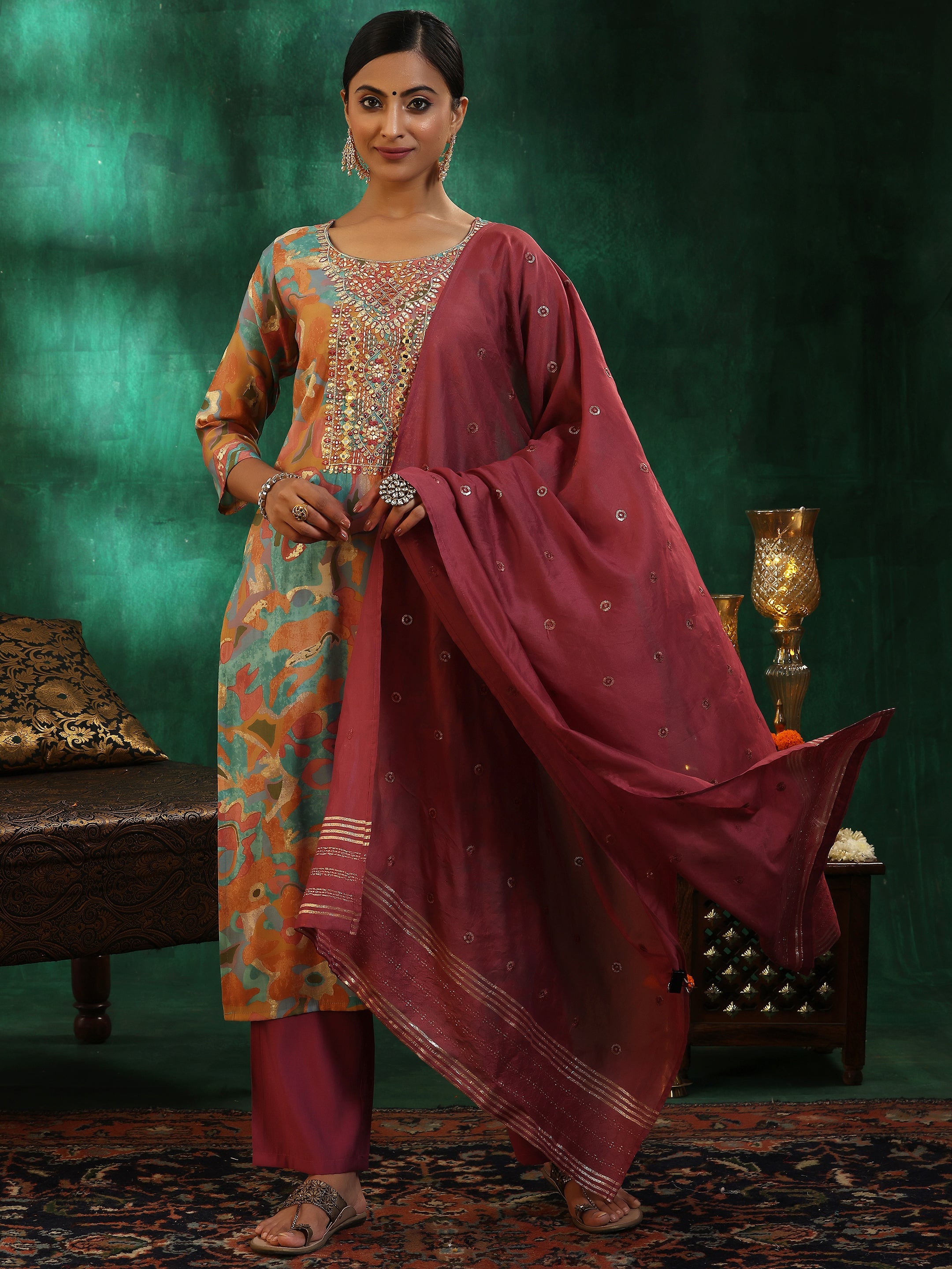 Mauve Printed Silk blend Straight Suit With Dupatta