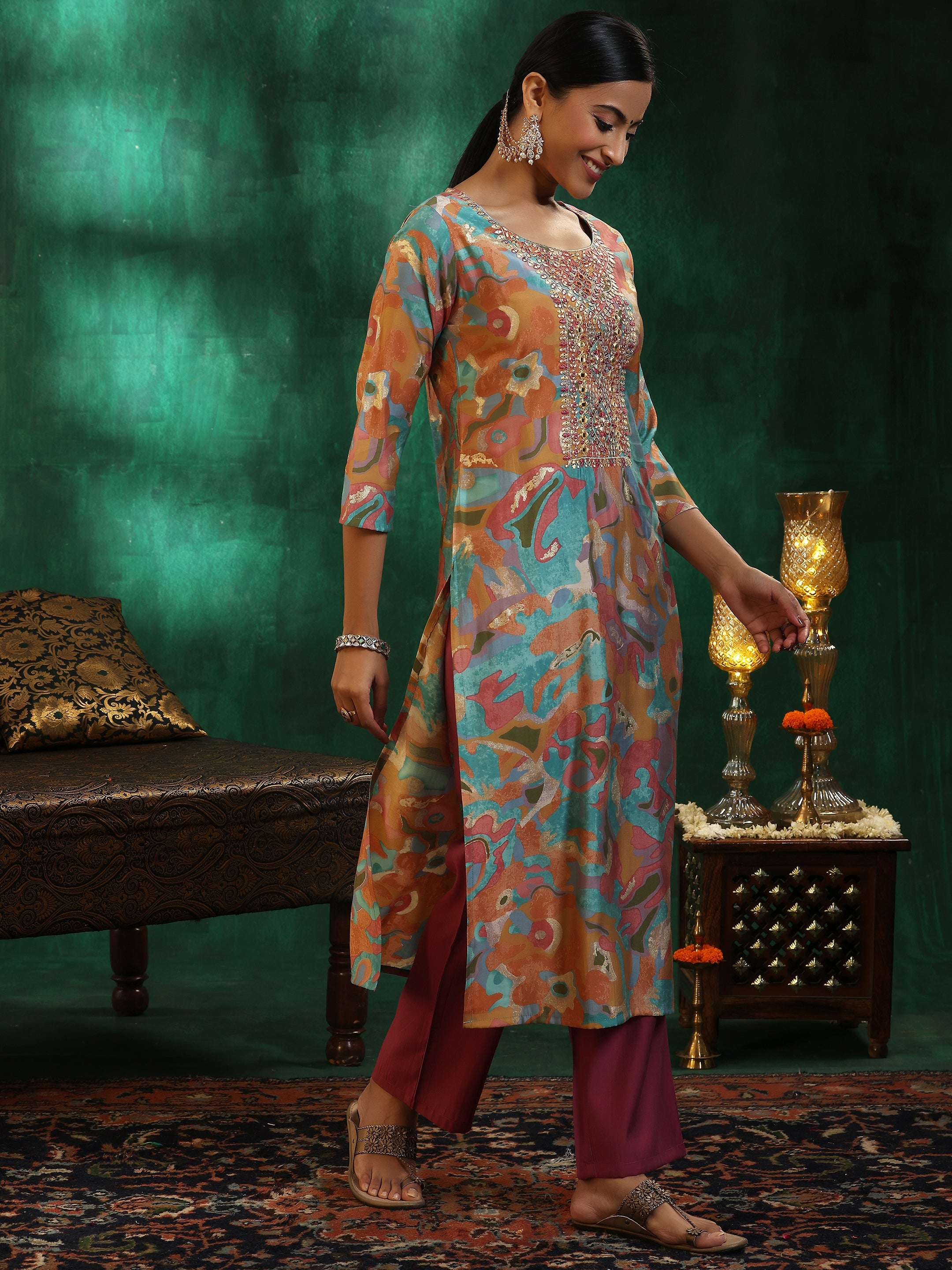 Mauve Printed Silk blend Straight Suit With Dupatta