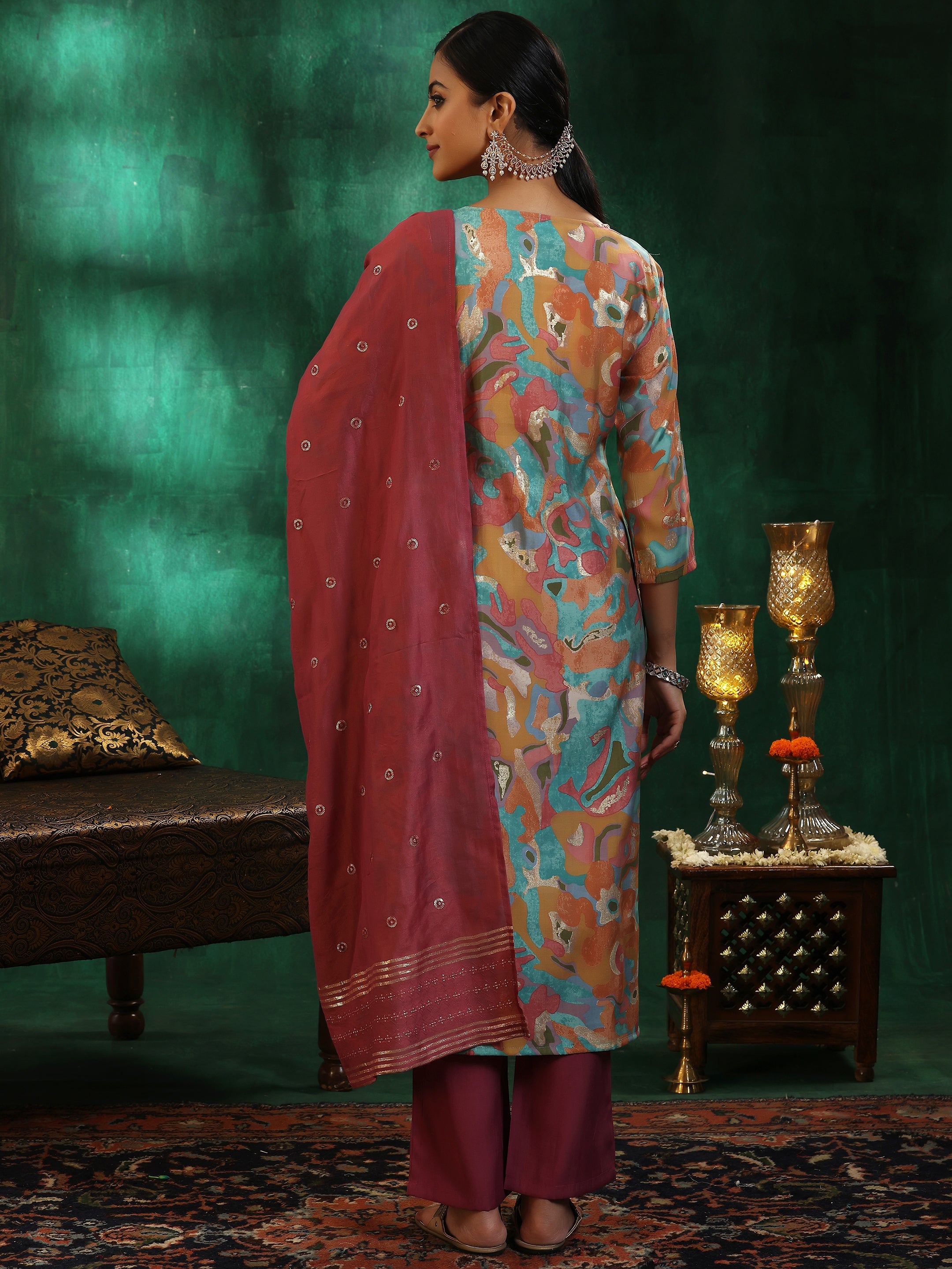 Mauve Printed Silk blend Straight Suit With Dupatta