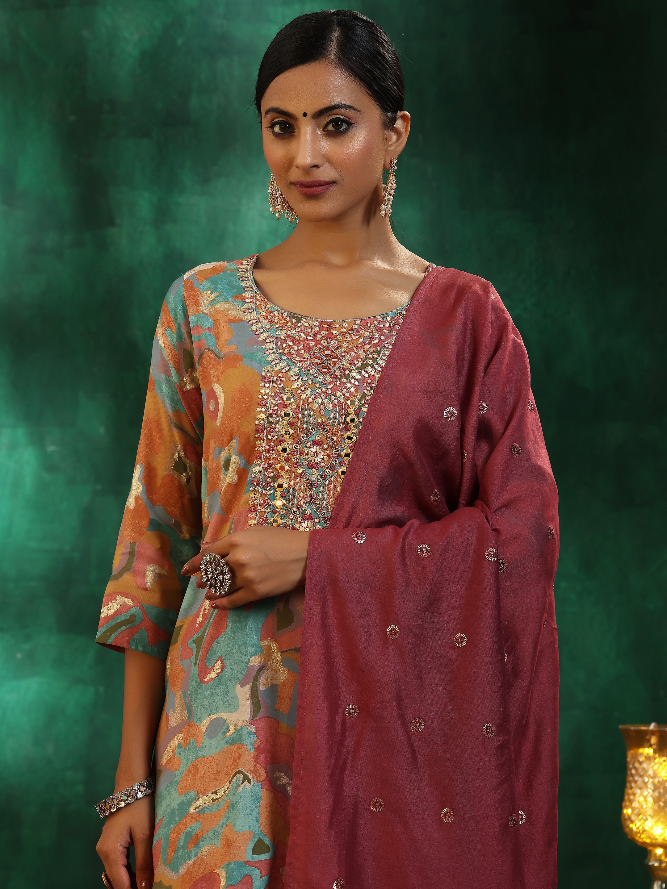 Mauve Printed Silk blend Straight Suit With Dupatta