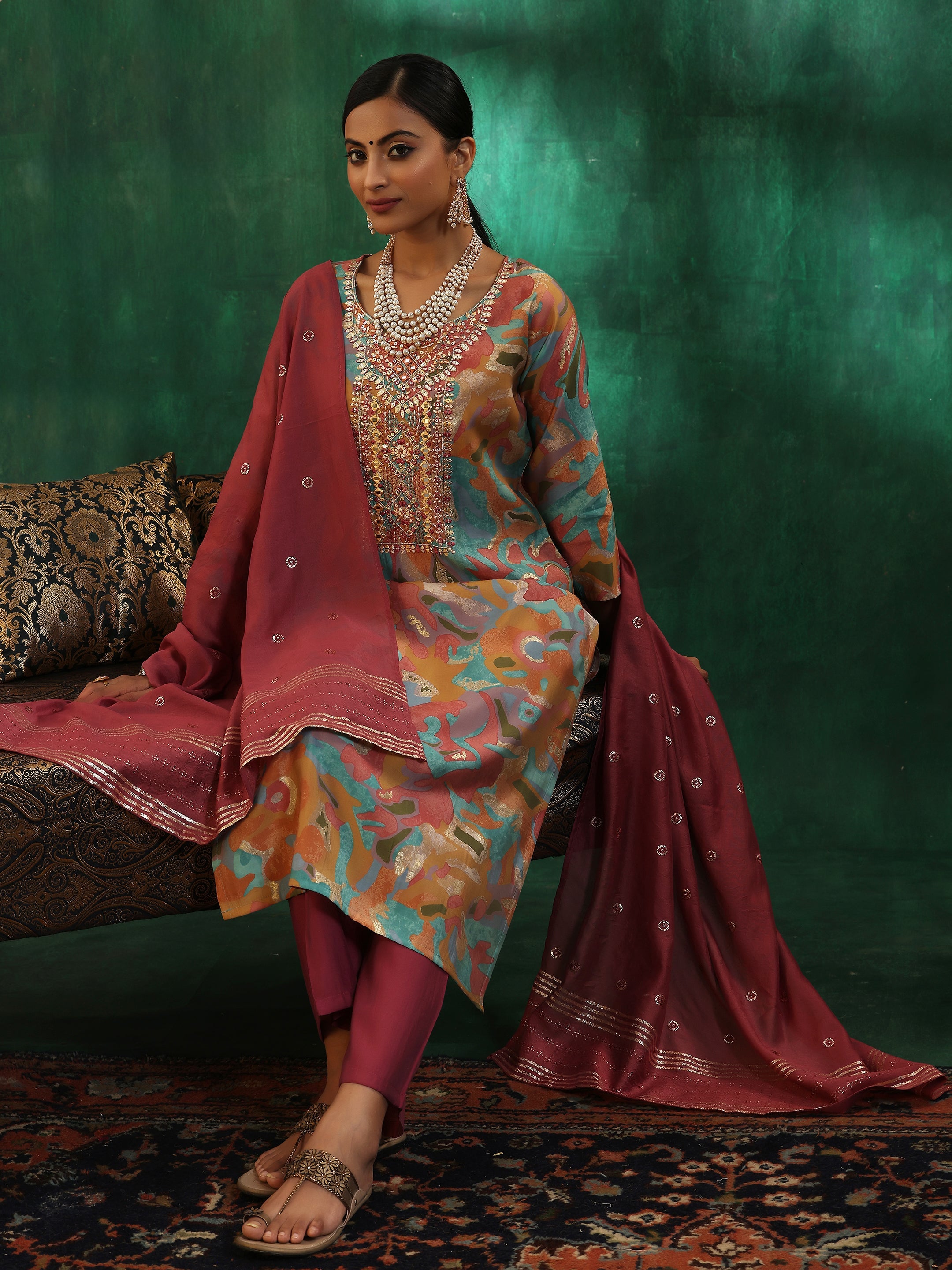 Mauve Printed Silk blend Straight Suit With Dupatta