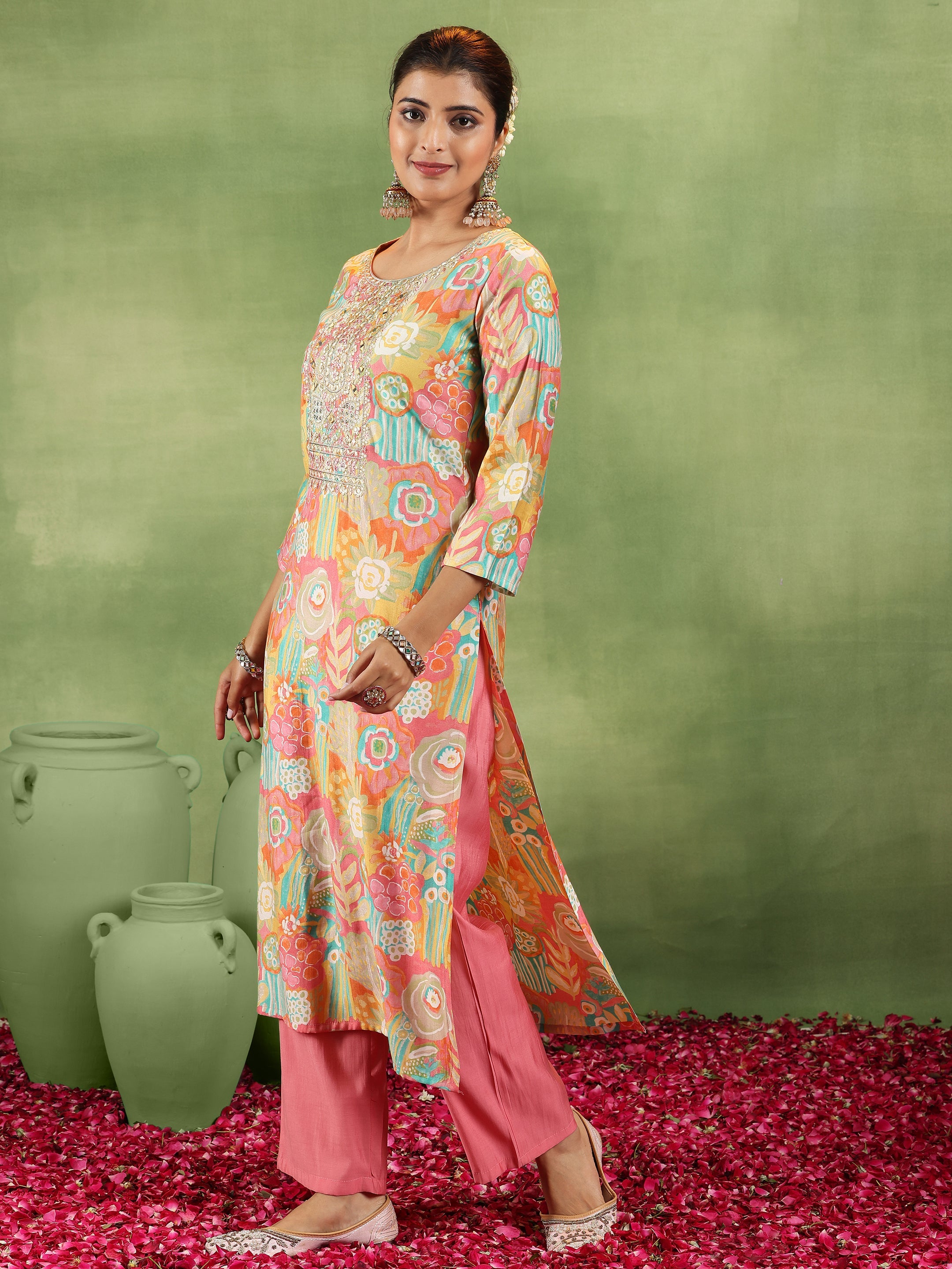 Pink Printed Silk Blend Straight Suit With Dupatta