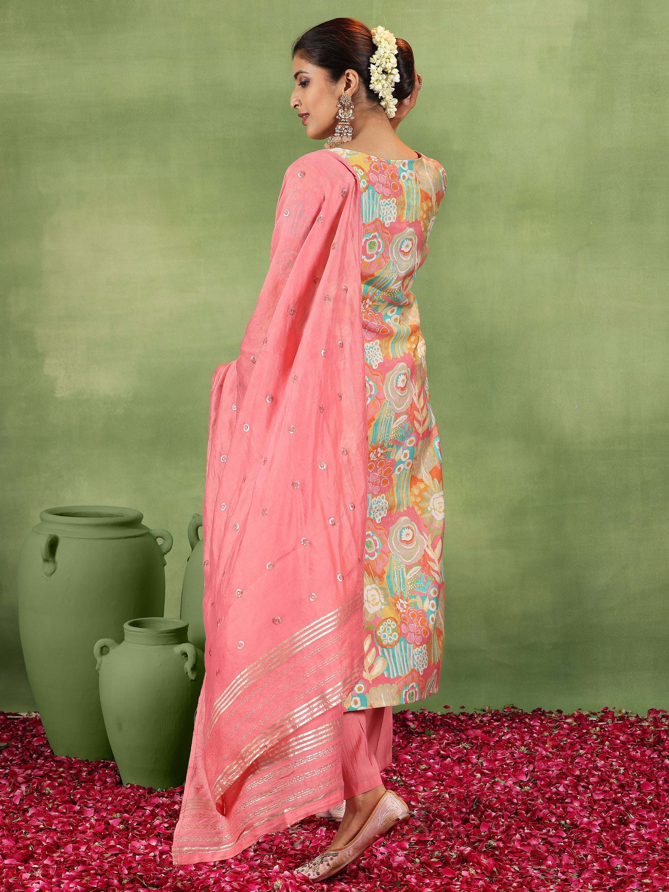 Pink Printed Silk Blend Straight Suit With Dupatta