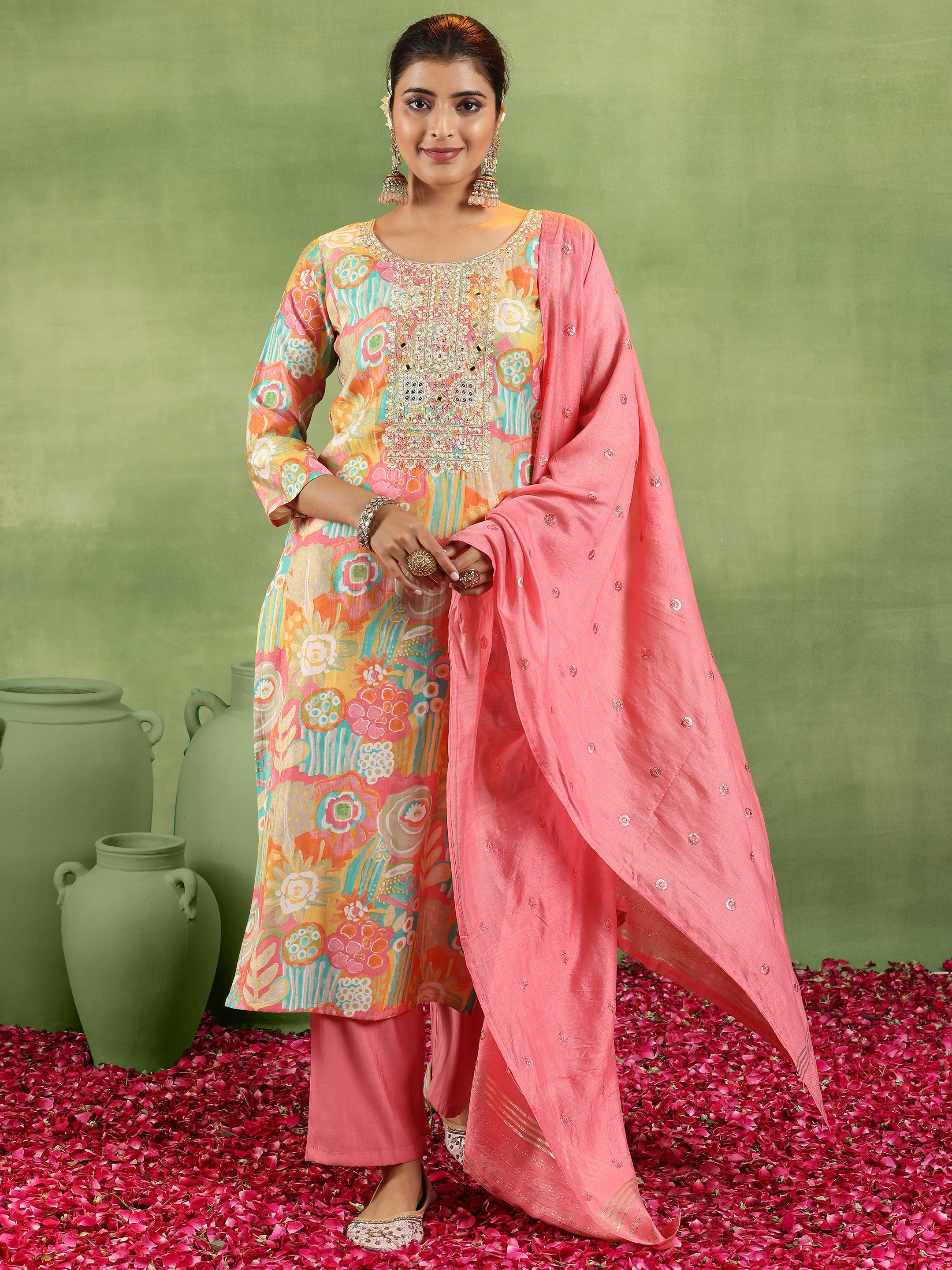 Pink Printed Silk Blend Straight Suit With Dupatta