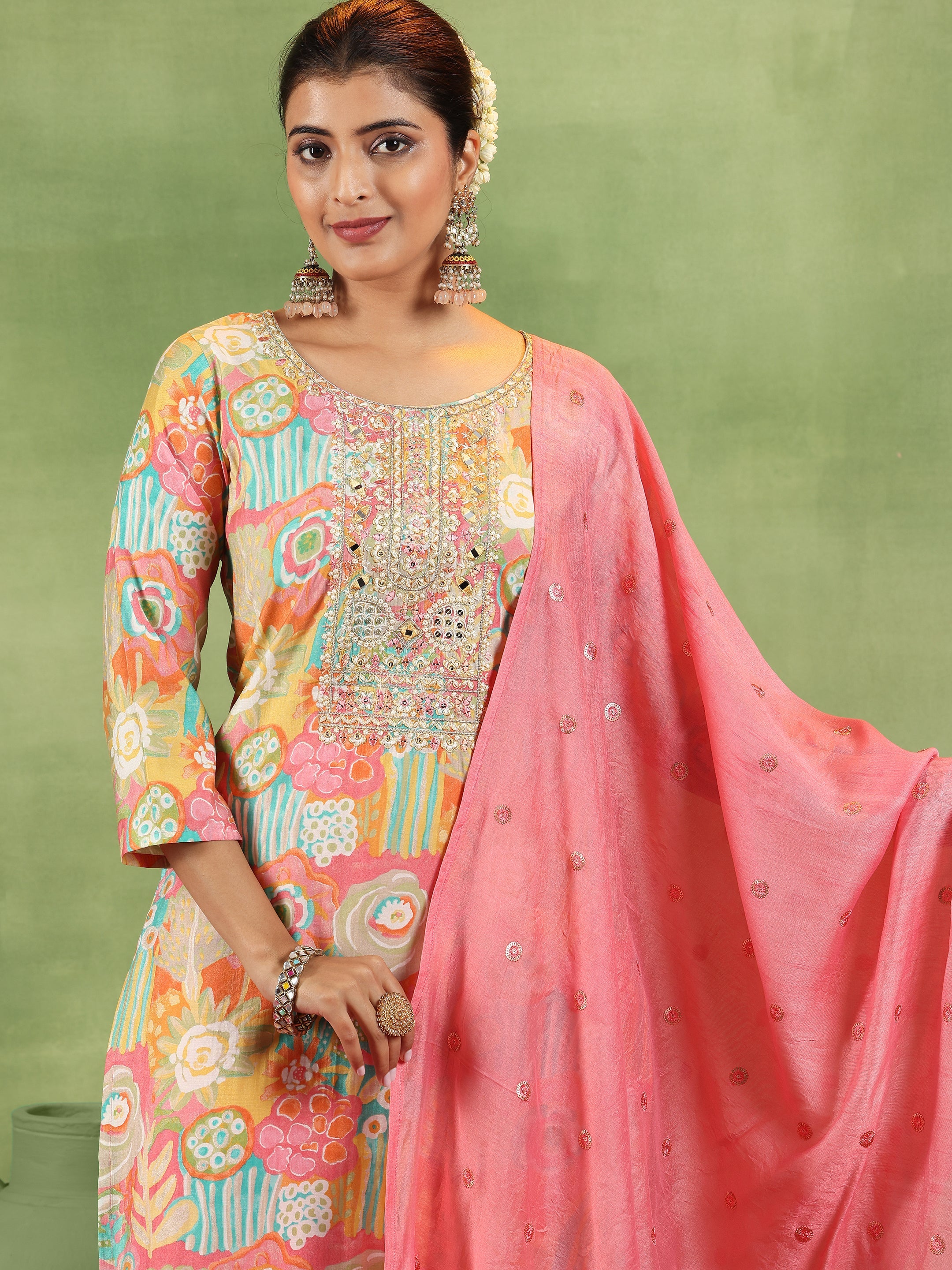 Pink Printed Silk Blend Straight Suit With Dupatta