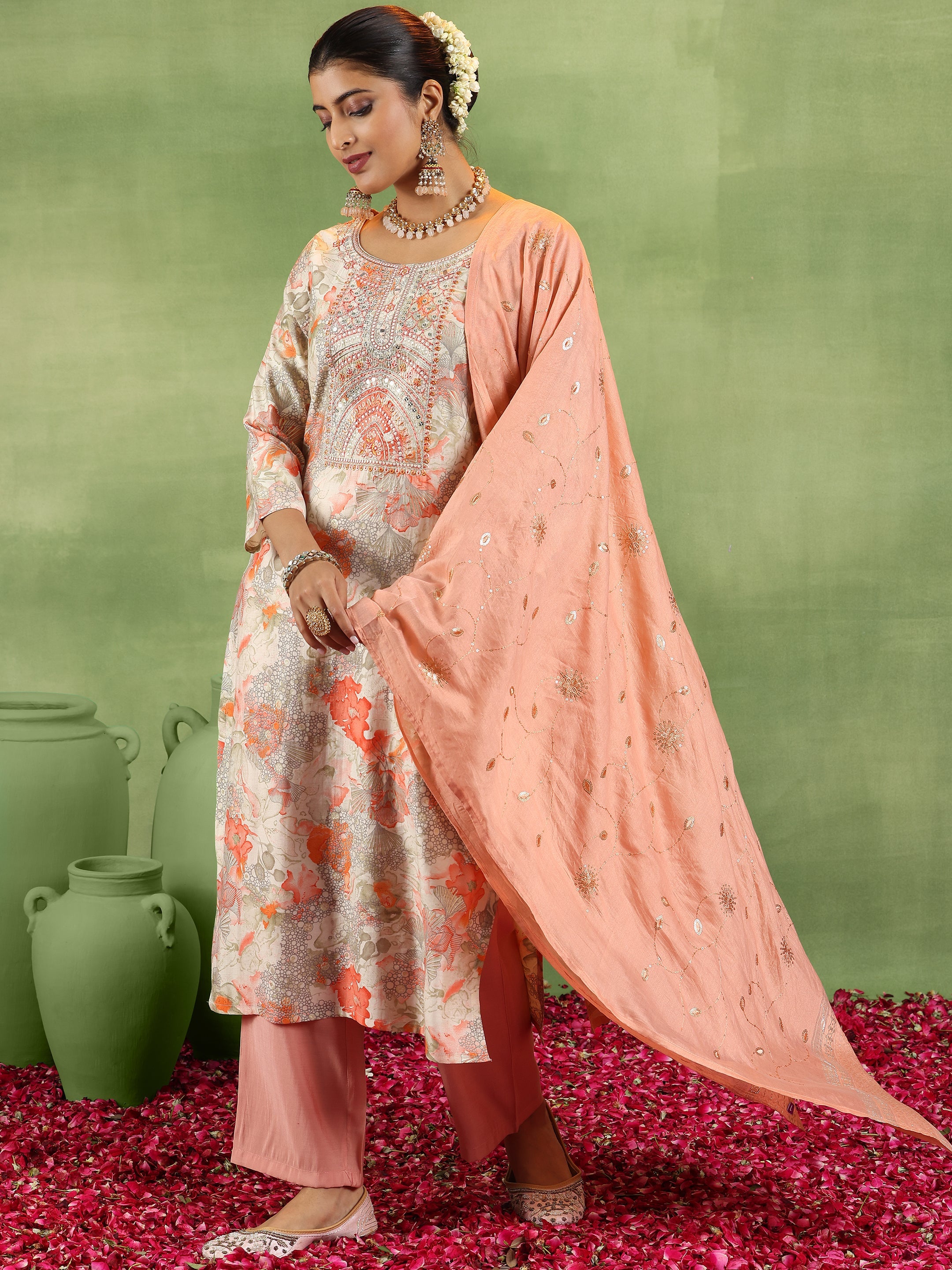 Peach Printed Silk Blend Straight Suit With Dupatta