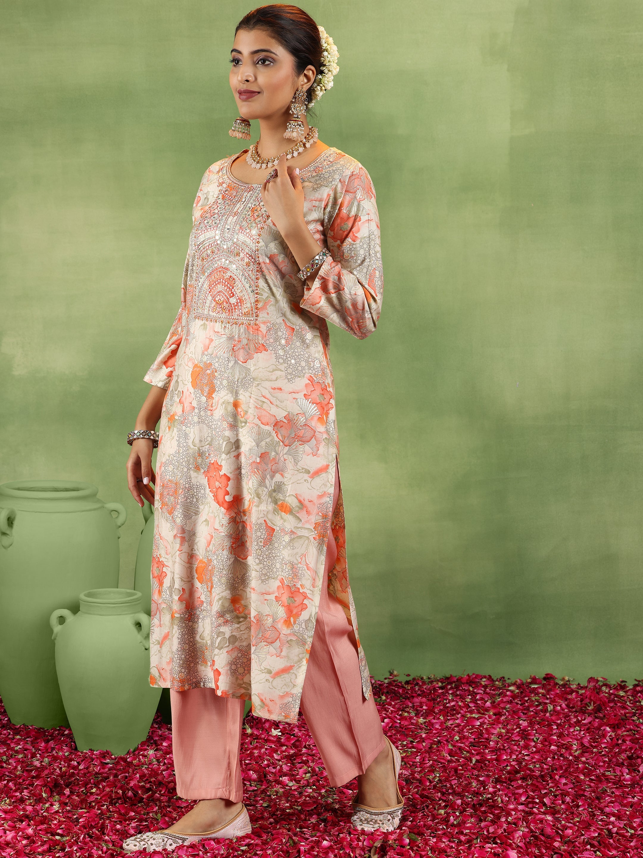 Peach Printed Silk Blend Straight Suit With Dupatta