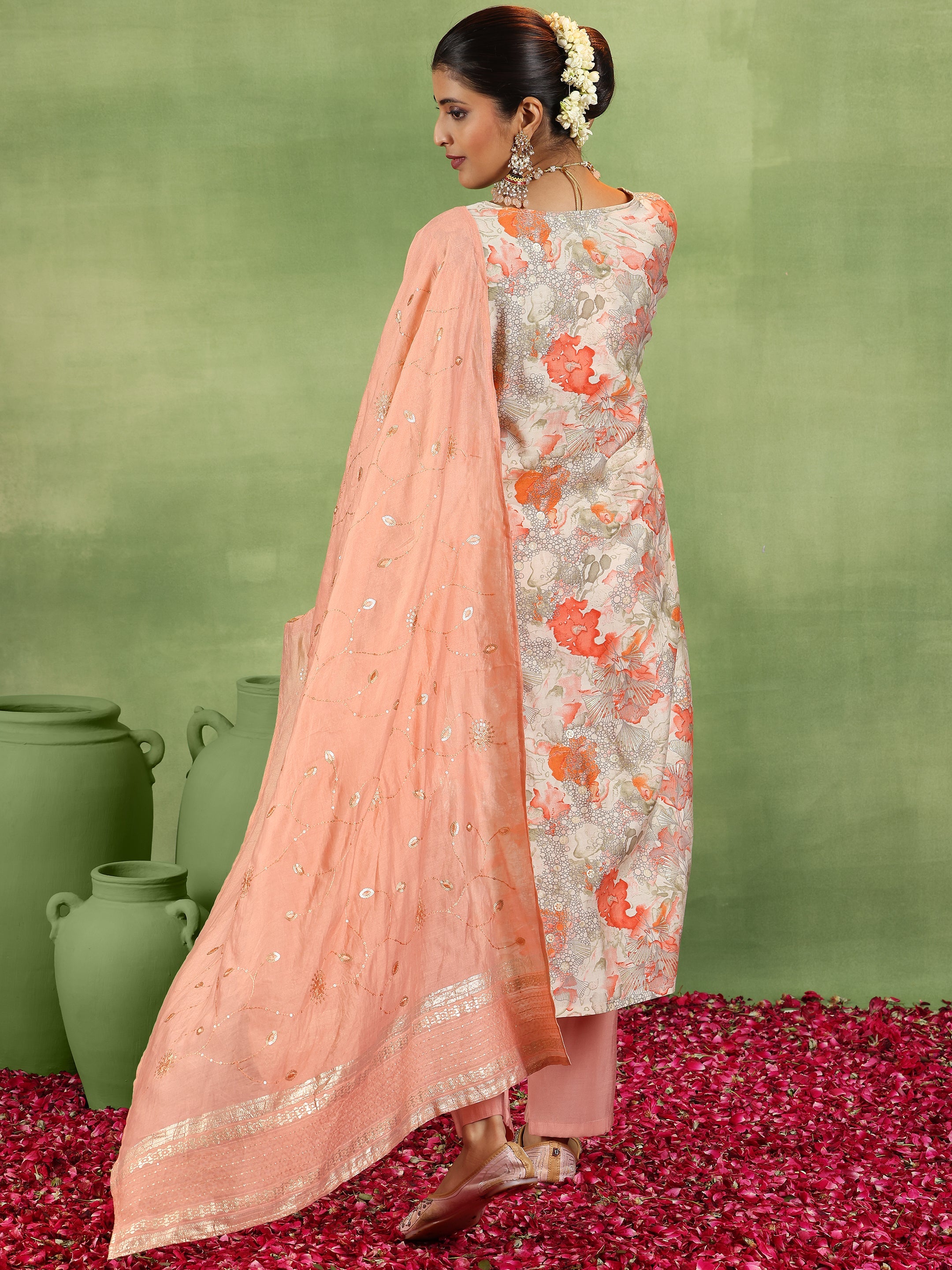 Peach Printed Silk Blend Straight Suit With Dupatta