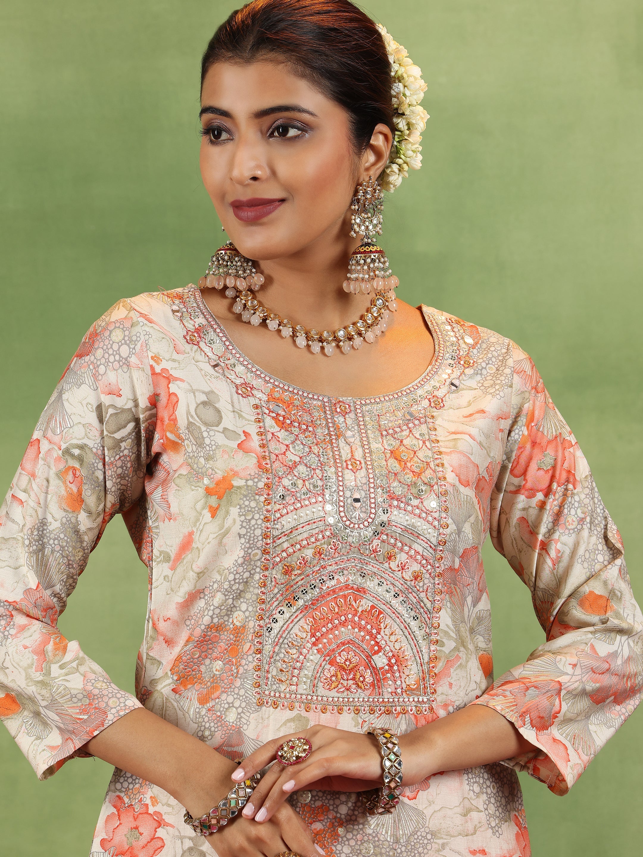 Peach Printed Silk Blend Straight Suit With Dupatta