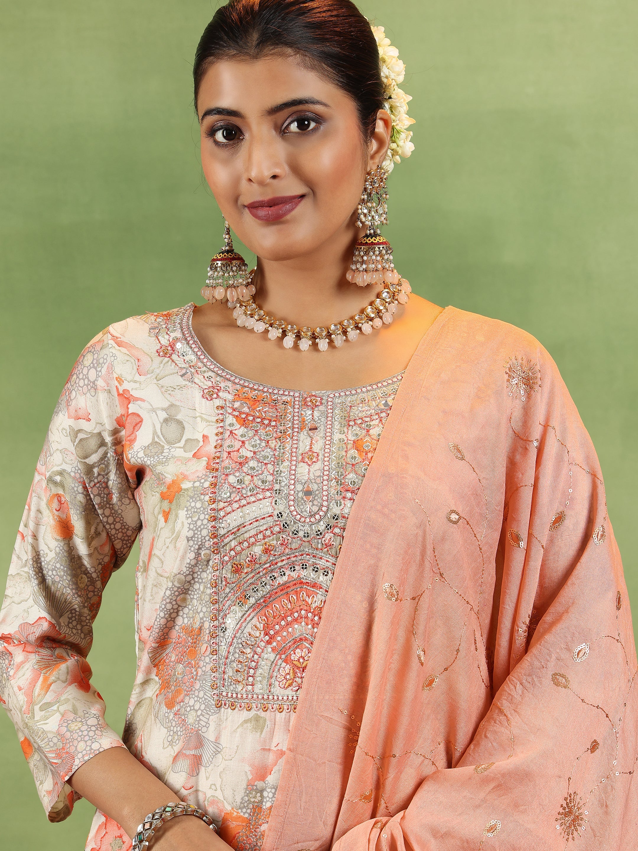 Peach Printed Silk Blend Straight Suit With Dupatta