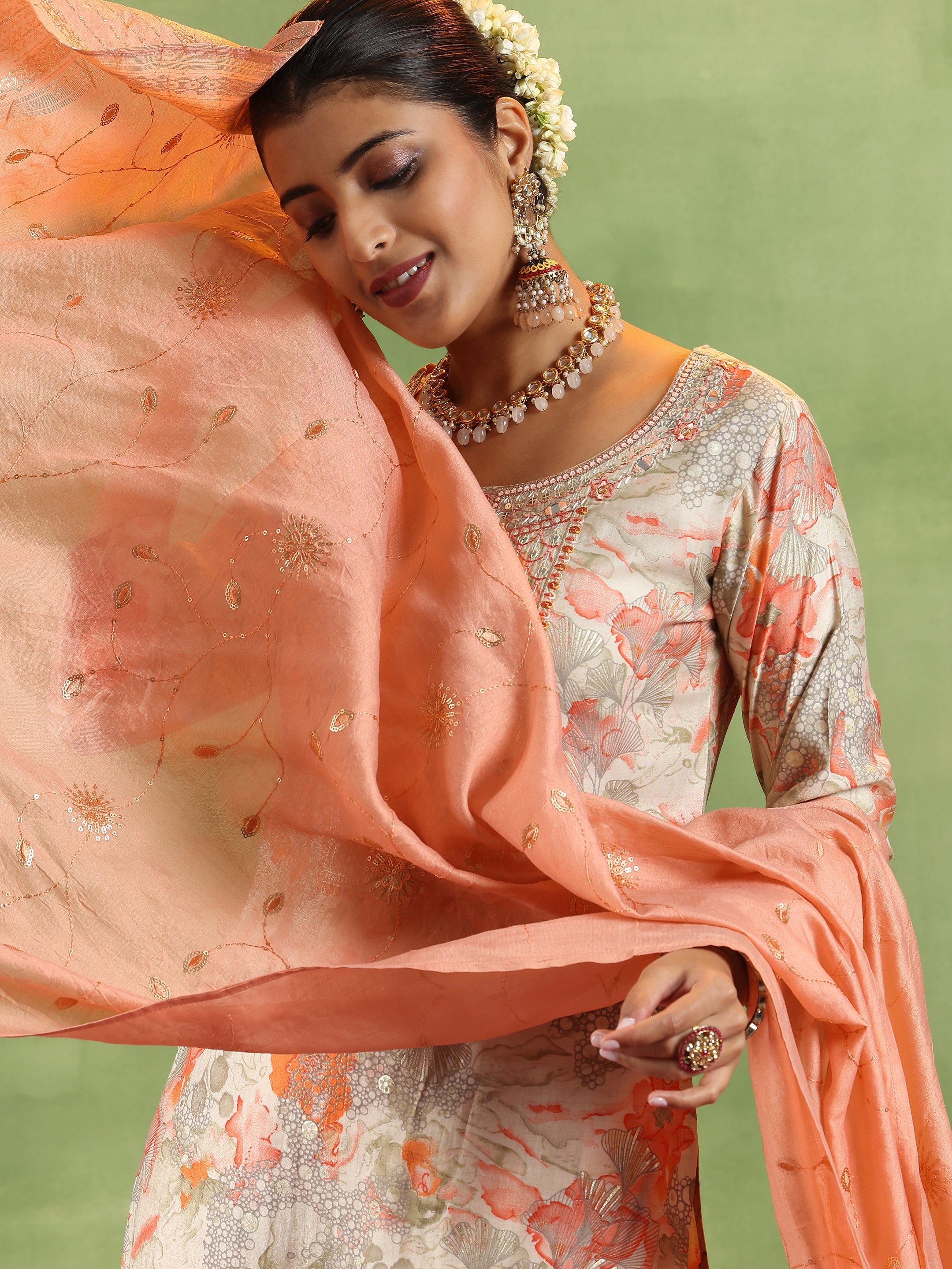 Peach Printed Silk Blend Straight Suit With Dupatta