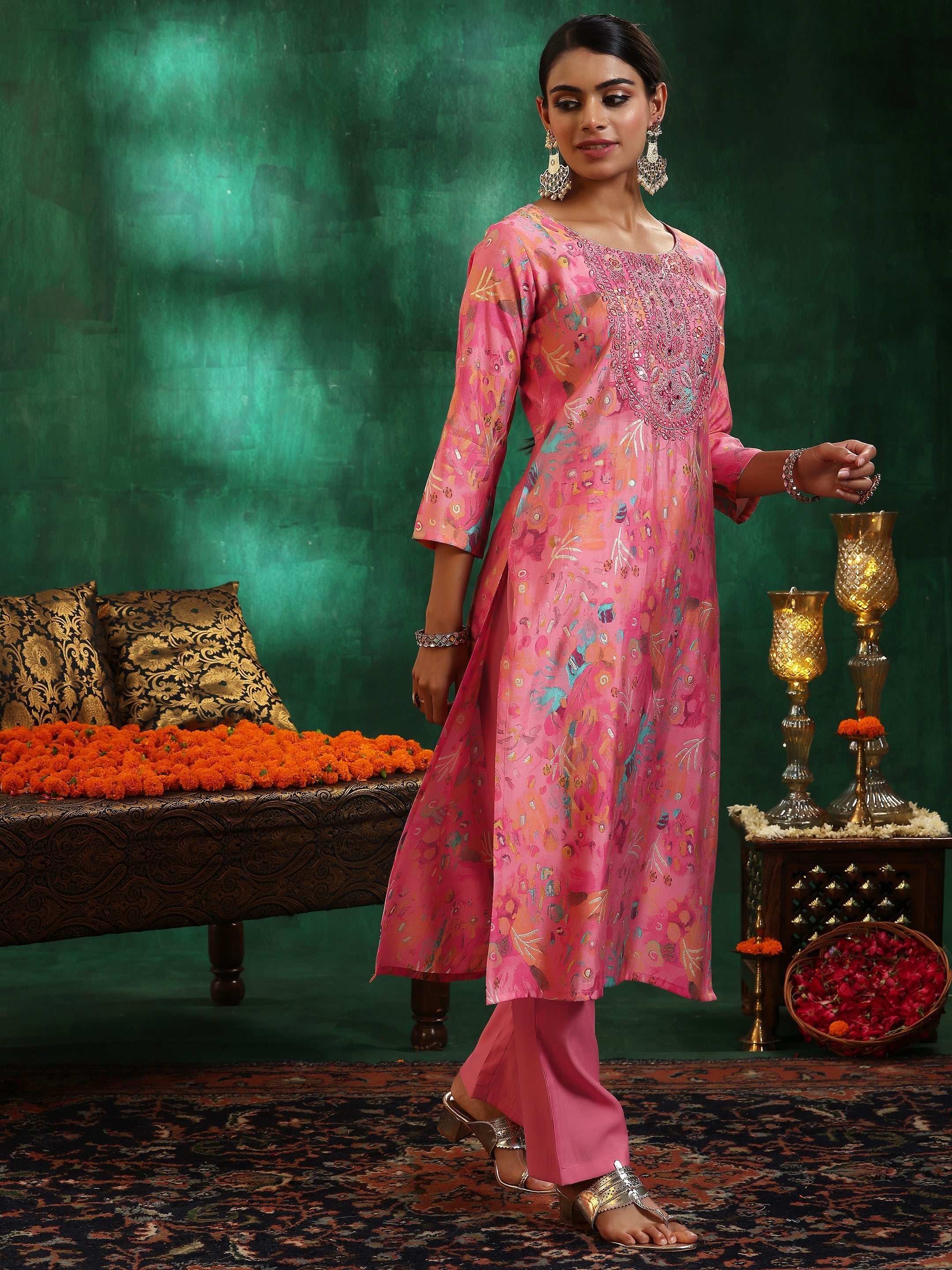 Pink Printed Silk blend Straight Suit With Dupatta