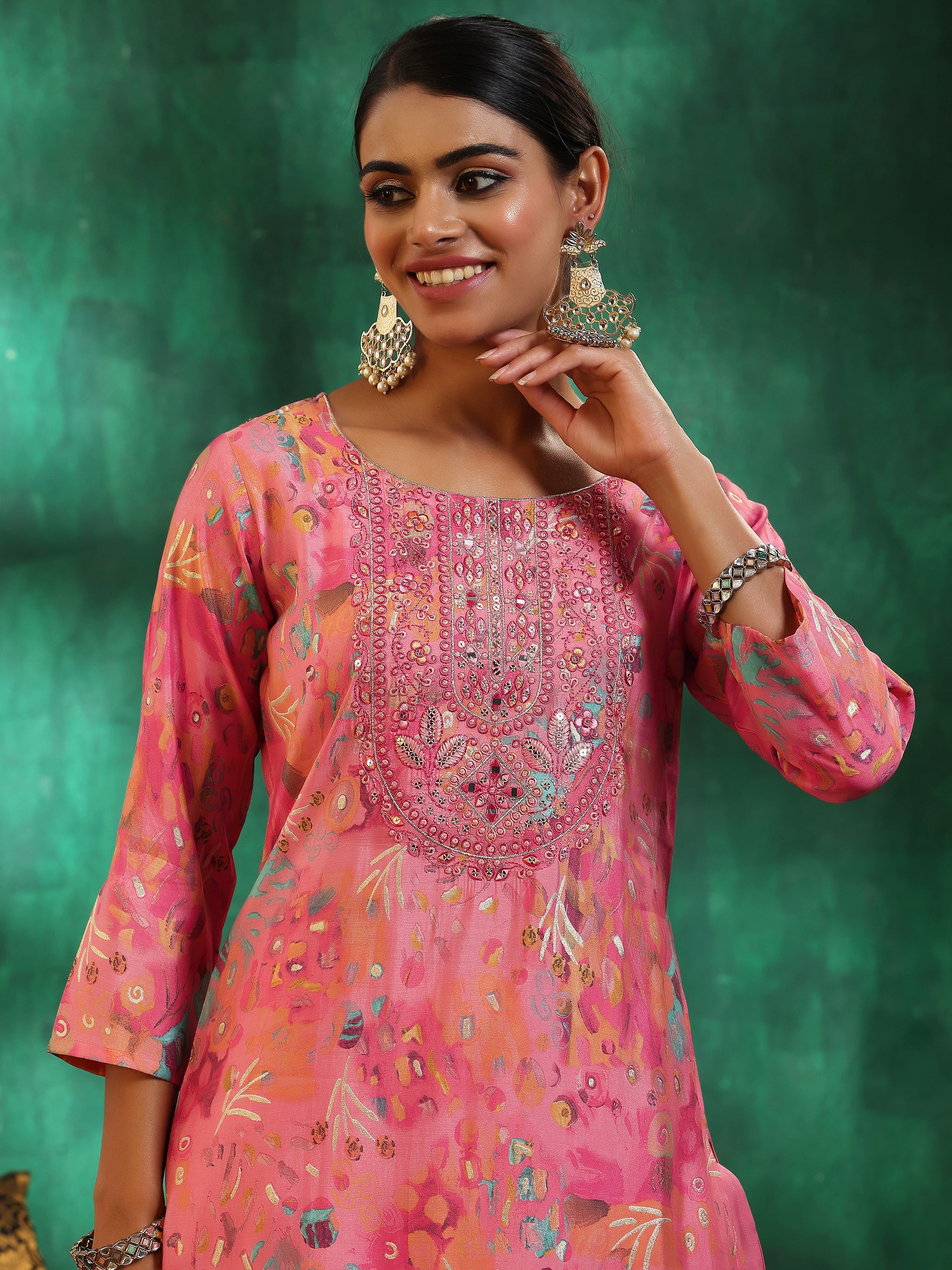 Pink Printed Silk blend Straight Suit With Dupatta