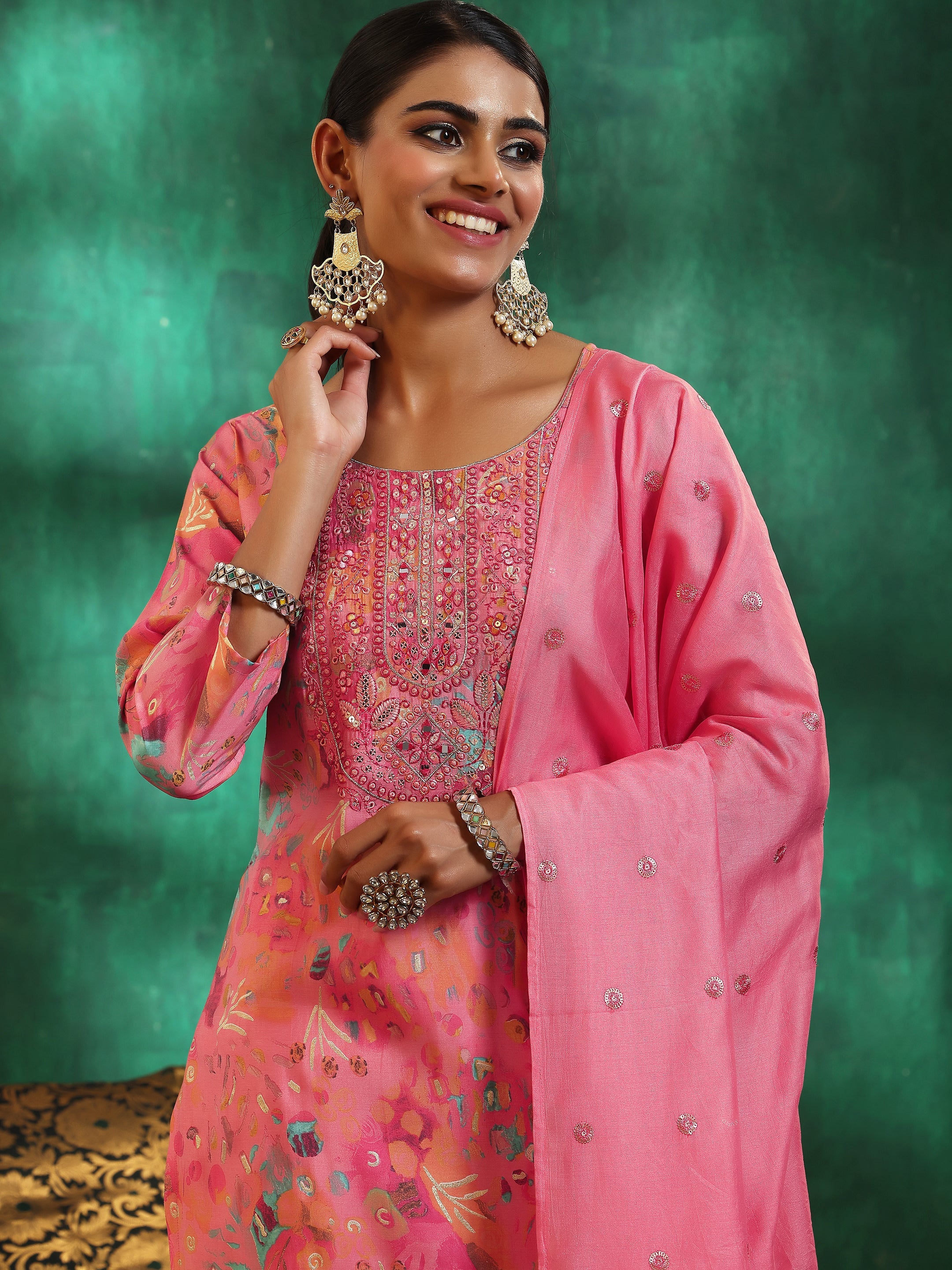 Pink Printed Silk blend Straight Suit With Dupatta