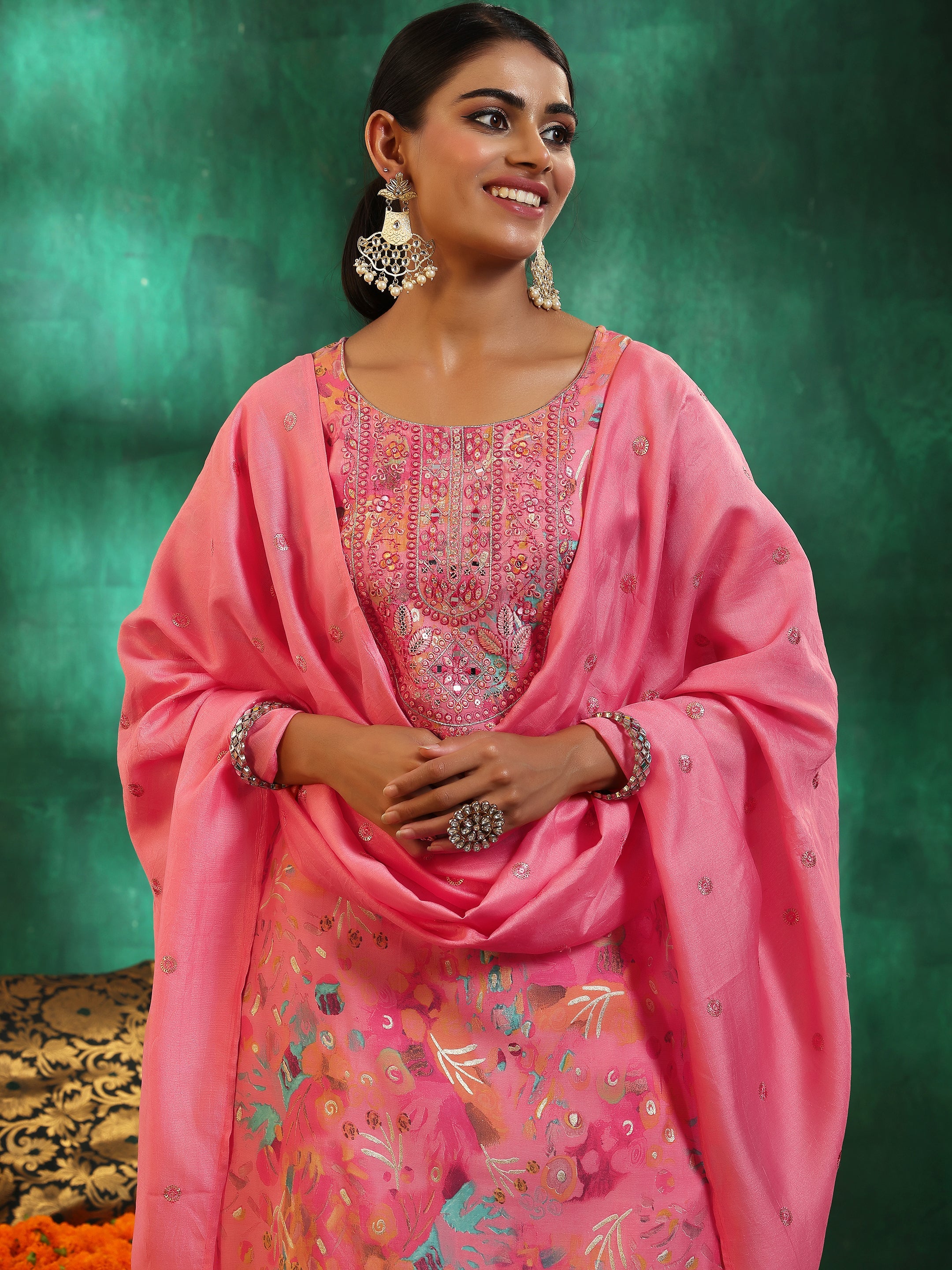 Pink Printed Silk blend Straight Suit With Dupatta