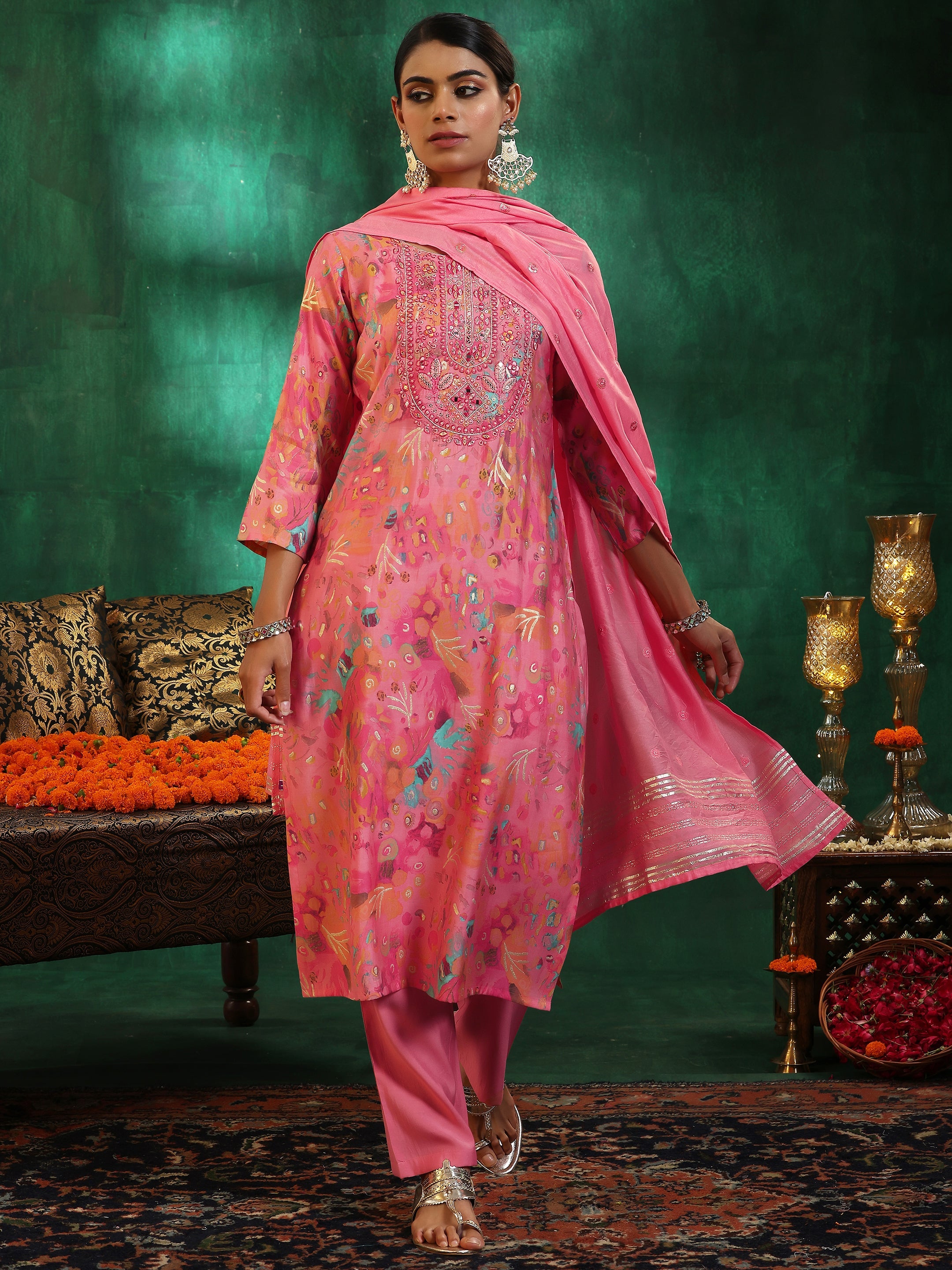 Pink Printed Silk blend Straight Suit With Dupatta