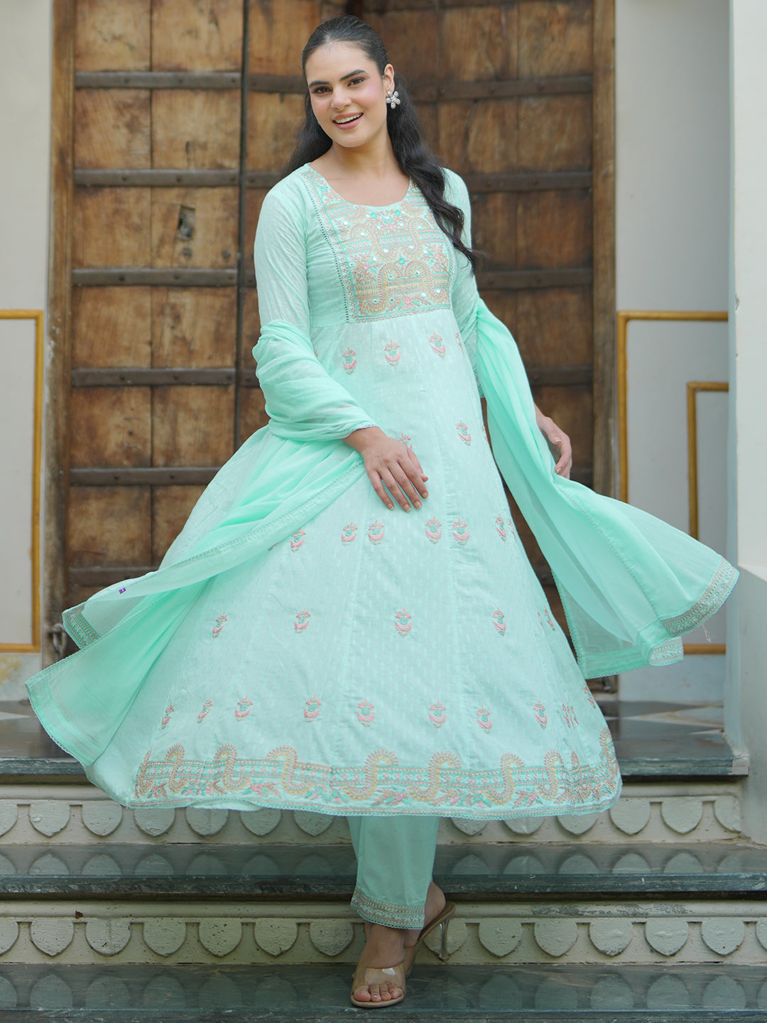 Blue Embroidered Cotton A-line Kurta With Trousers & Dupatta