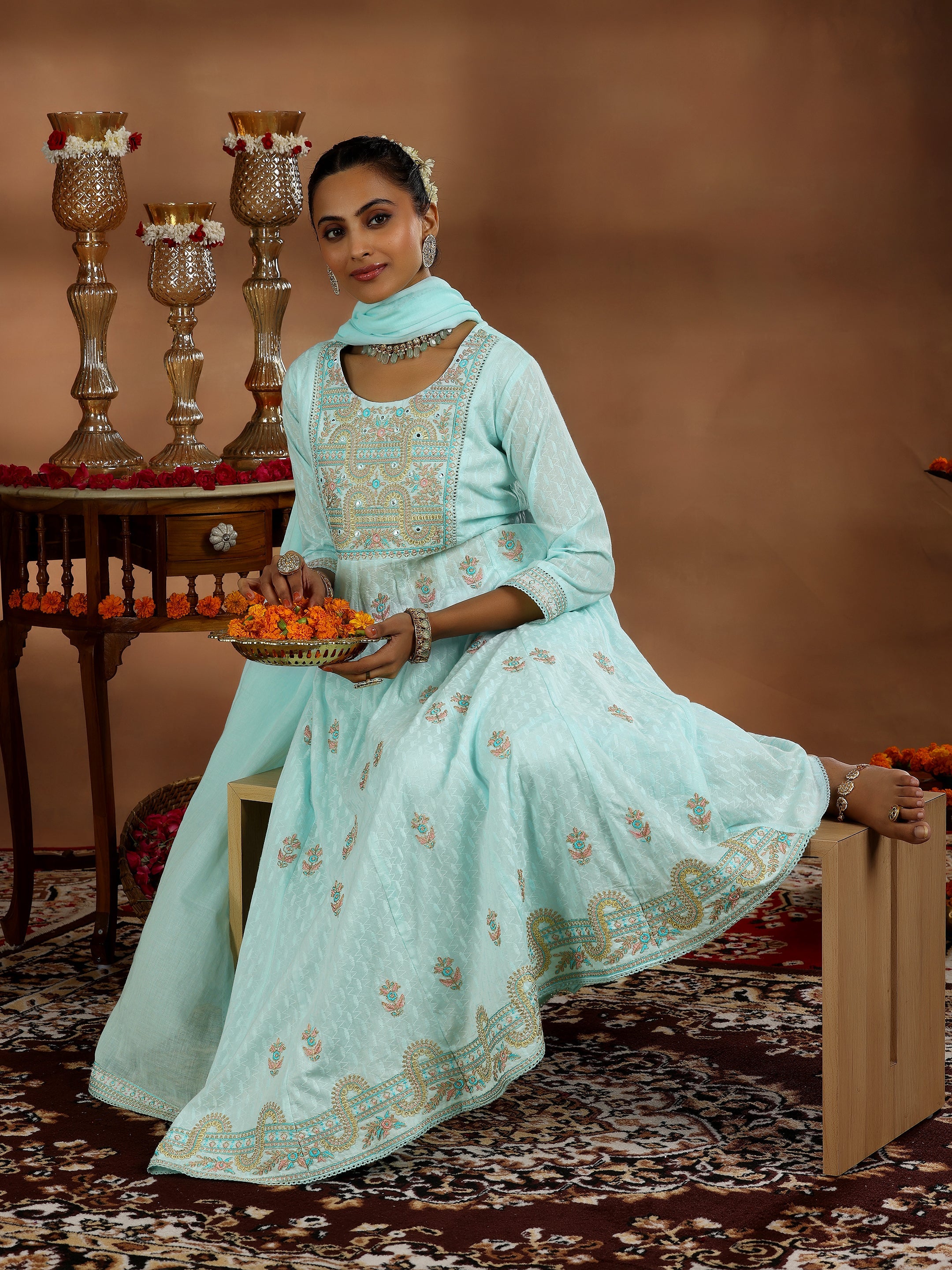 Blue Embroidered Cotton A-line Kurta With Trousers & Dupatta