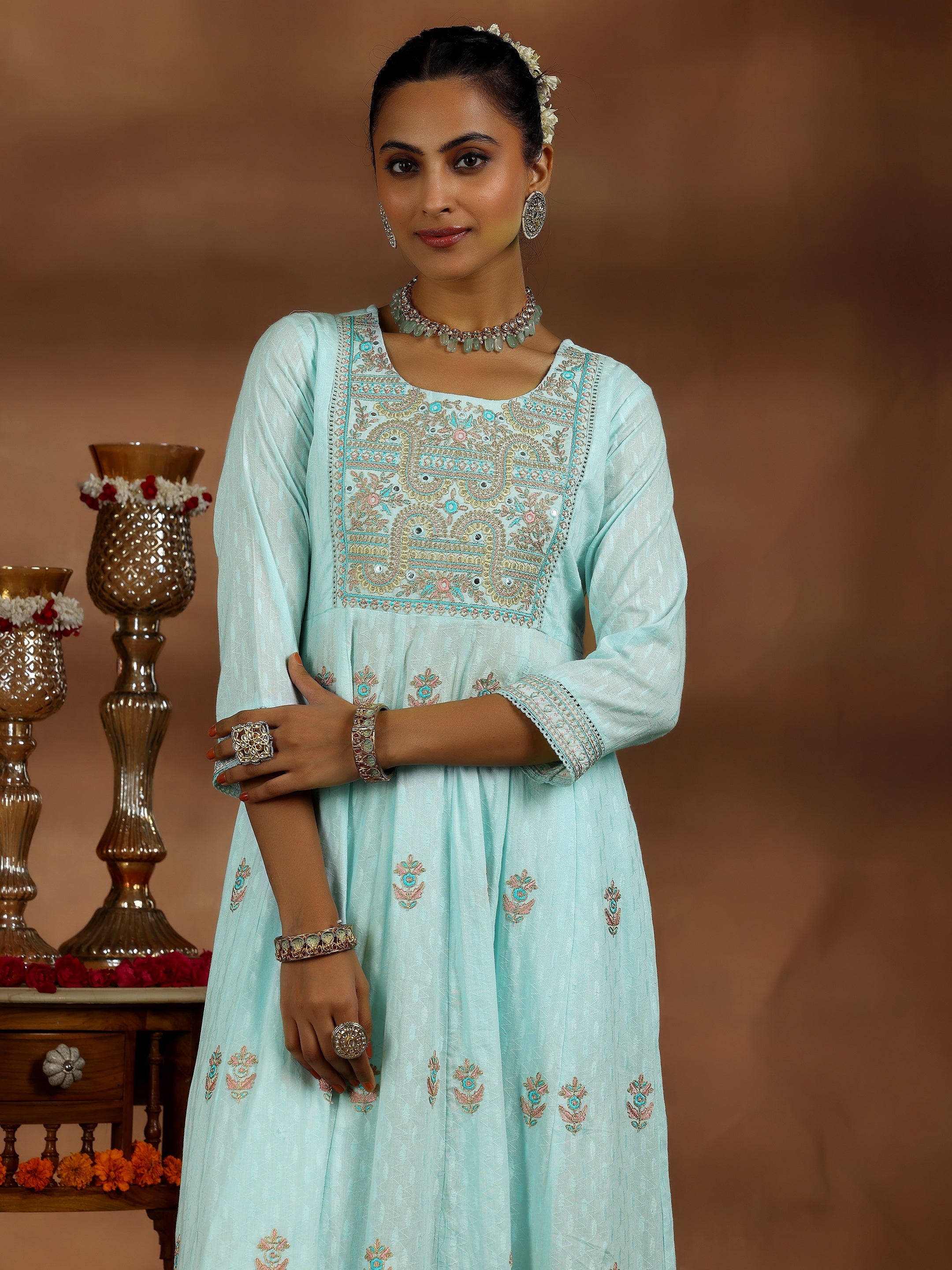 Blue Embroidered Cotton A-line Kurta With Trousers & Dupatta