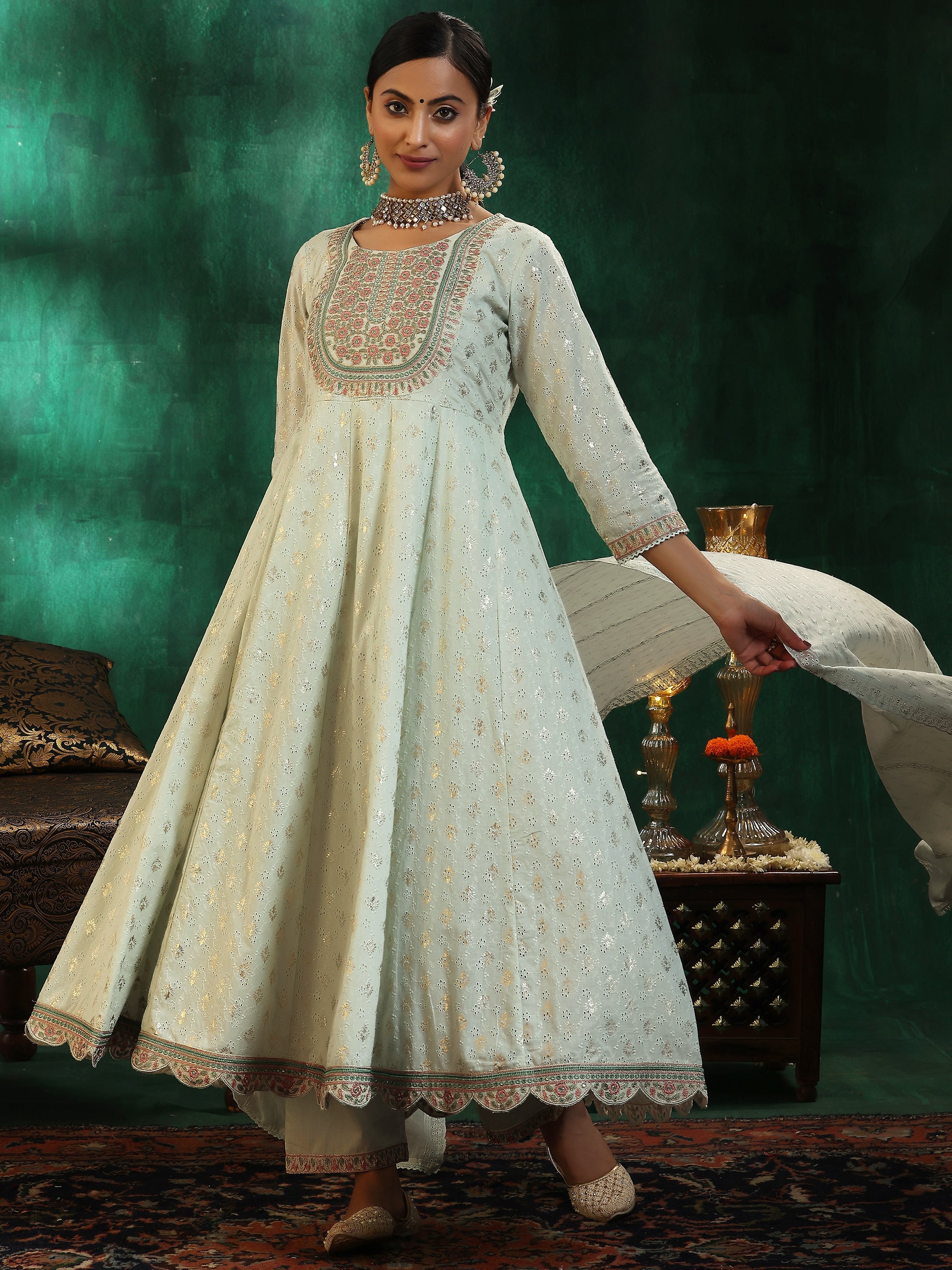 Sea Green Embroidered Cotton A-Line Kurta With Trousers & Dupatta