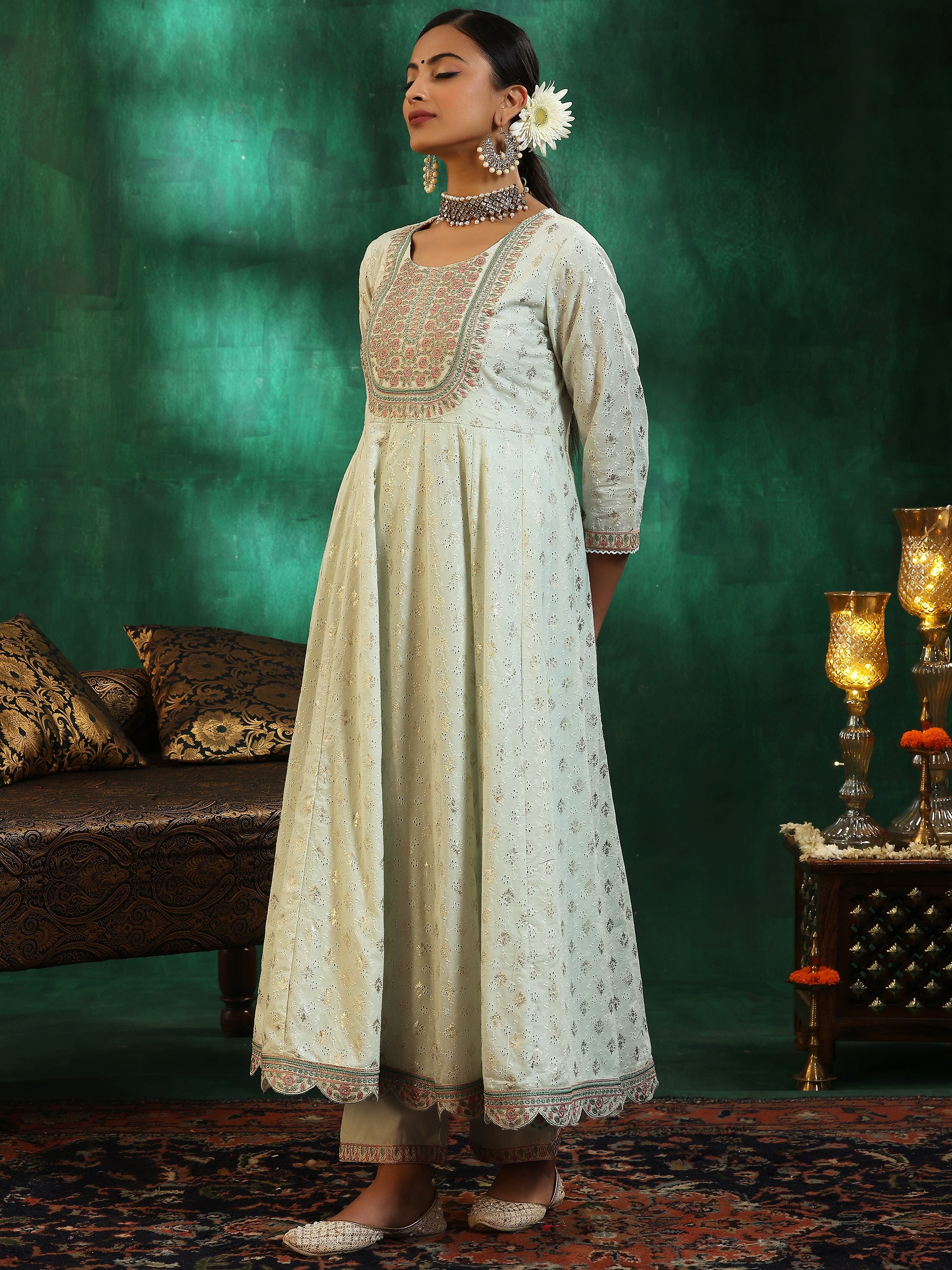 Sea Green Embroidered Cotton A-Line Kurta With Trousers & Dupatta