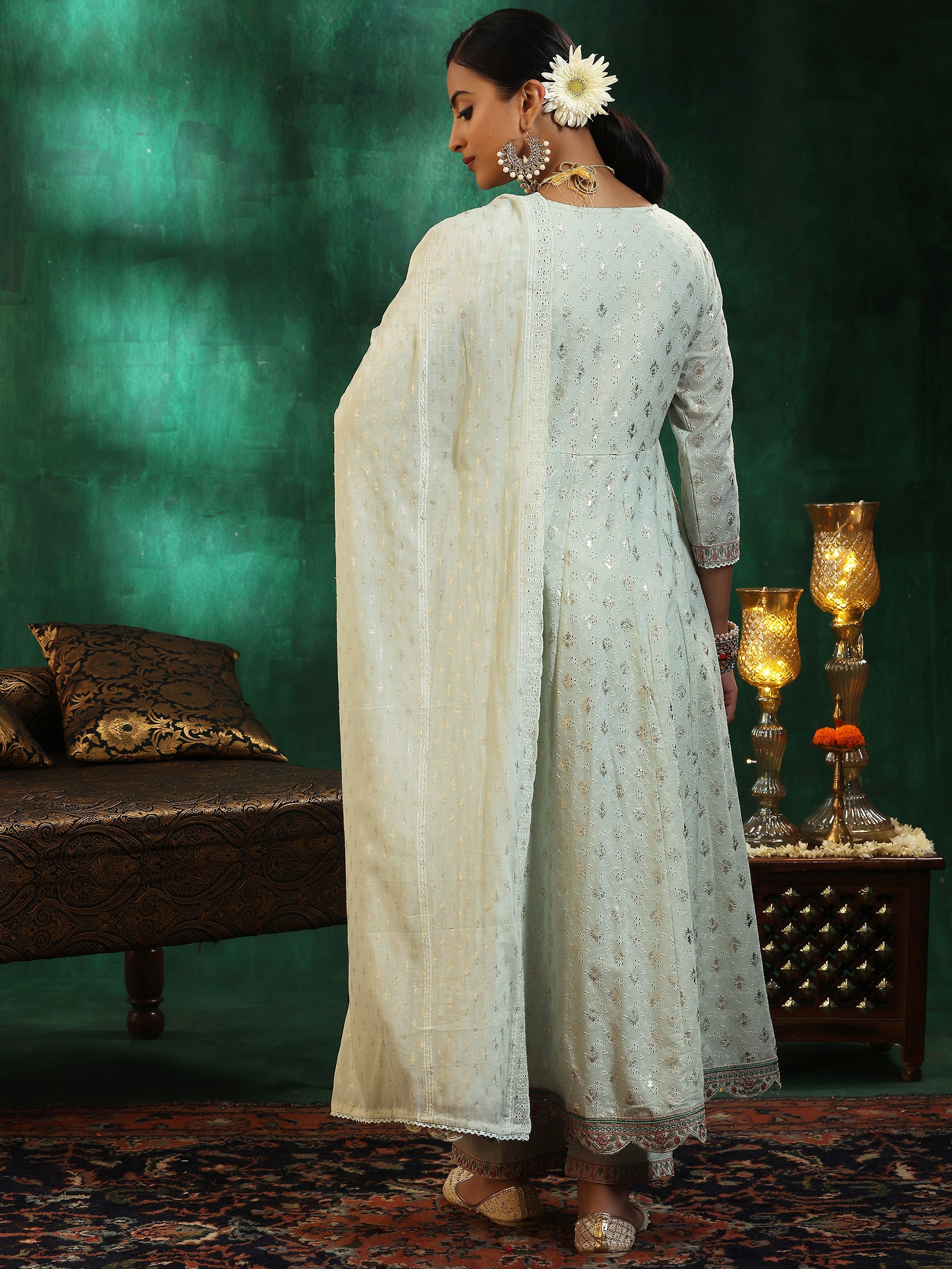 Sea Green Embroidered Cotton A-Line Kurta With Trousers & Dupatta