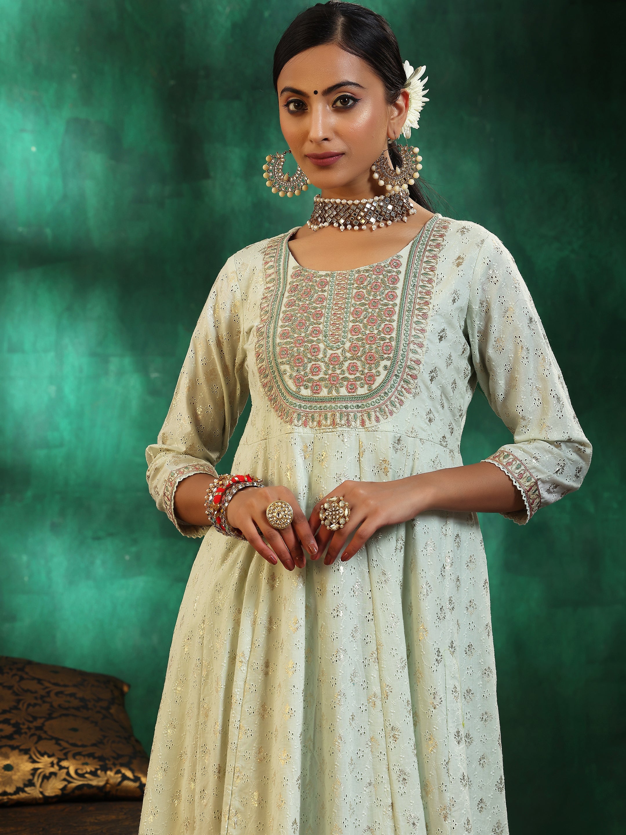 Sea Green Embroidered Cotton A-Line Kurta With Trousers & Dupatta