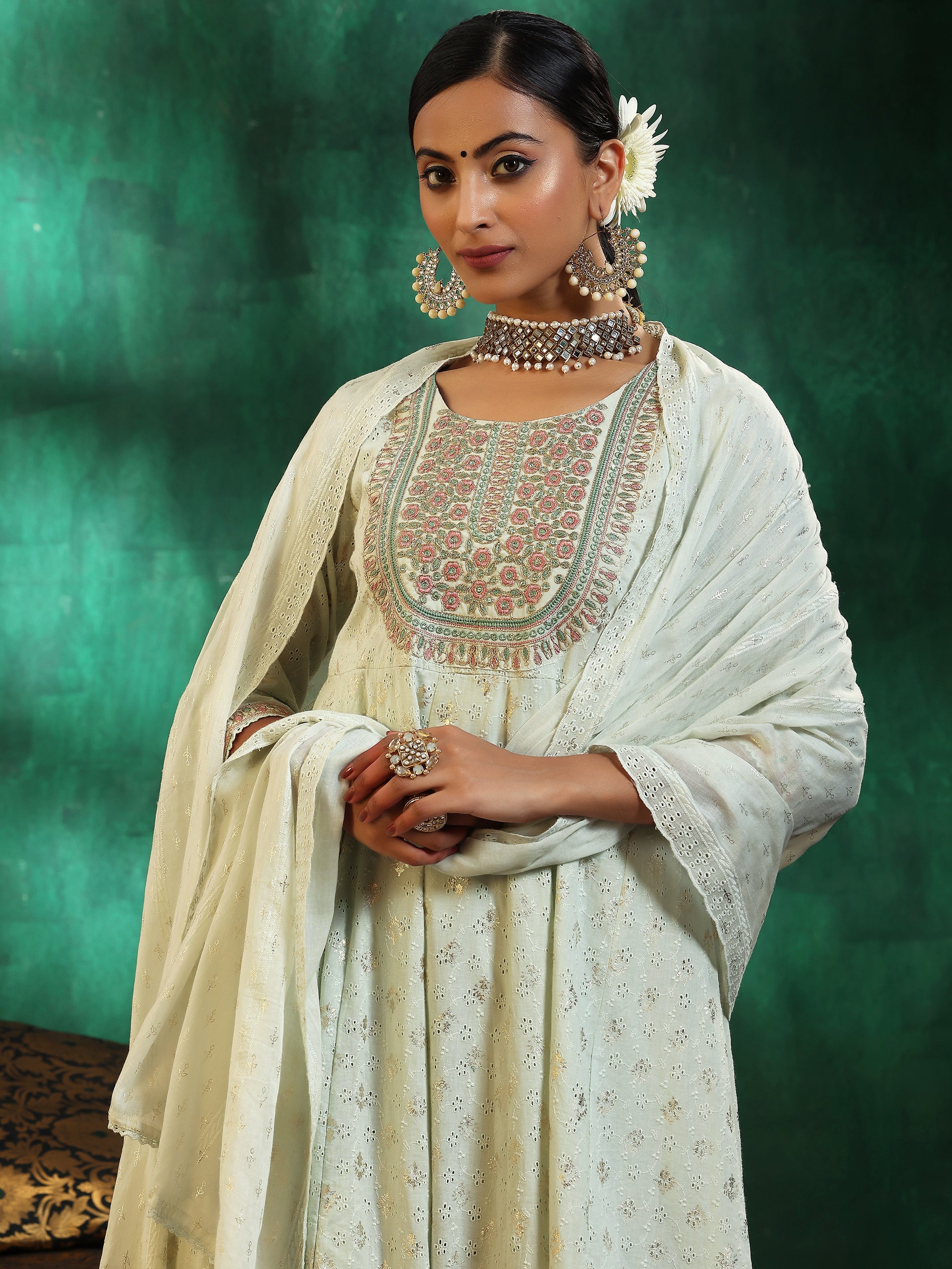 Sea Green Embroidered Cotton A-Line Kurta With Trousers & Dupatta