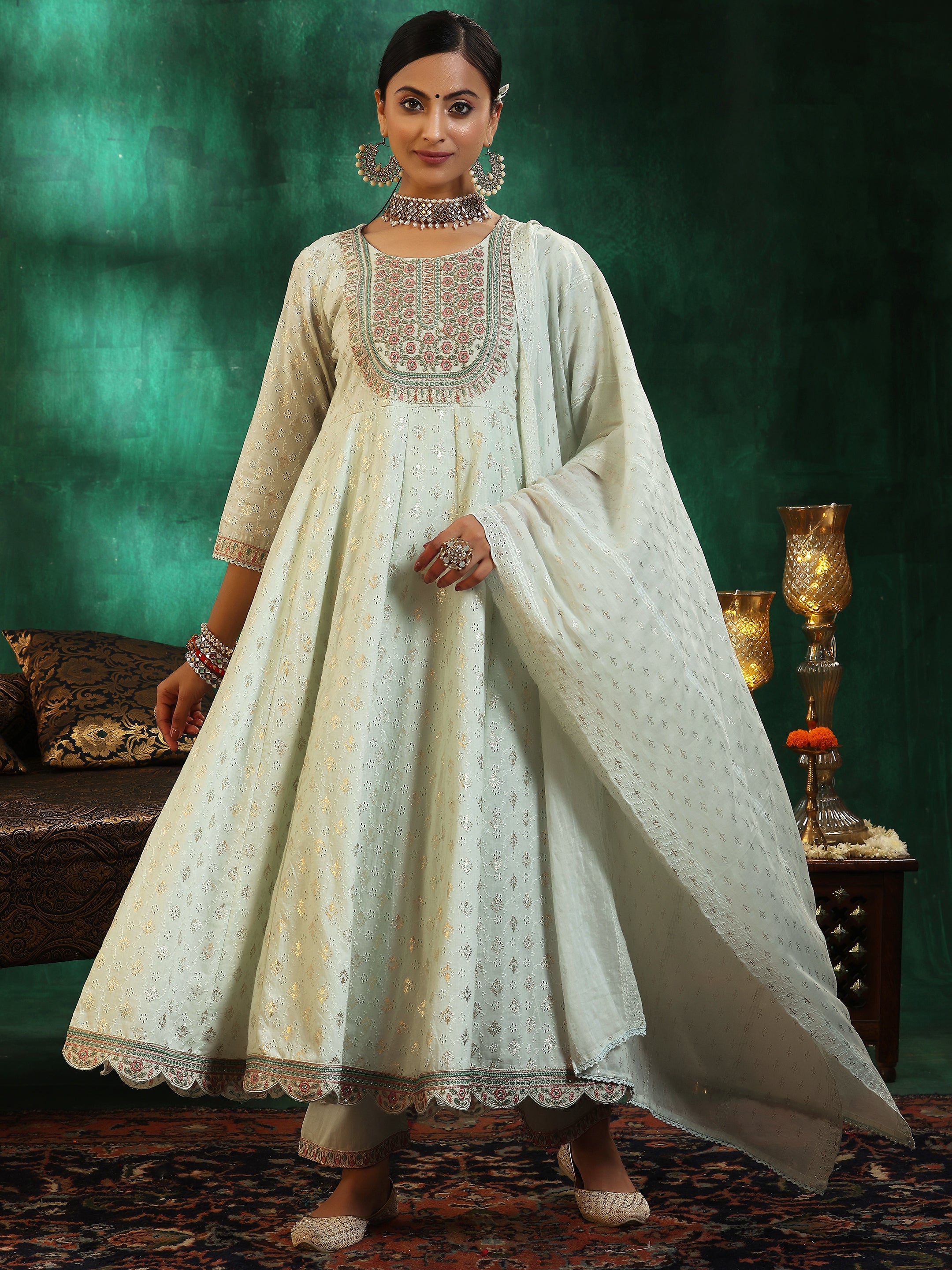 Sea Green Embroidered Cotton A-Line Kurta With Trousers & Dupatta