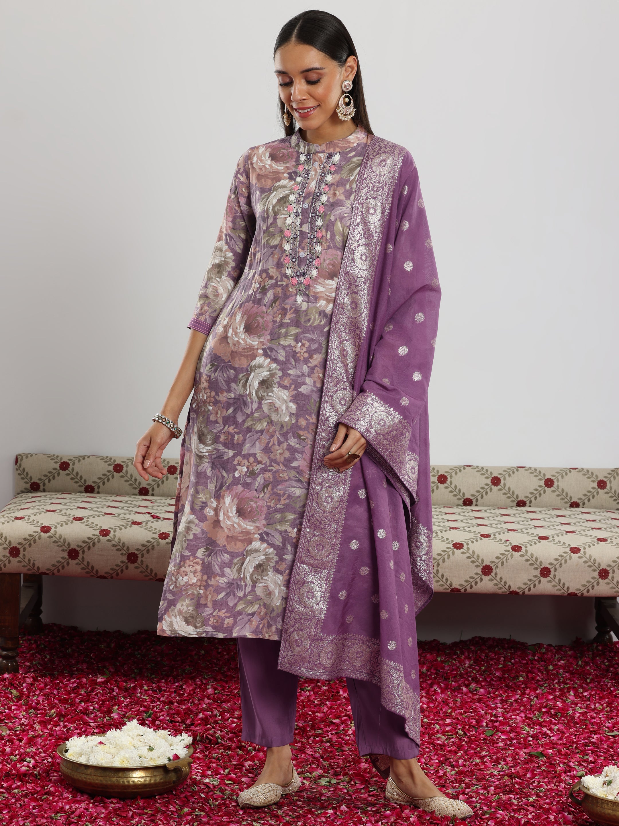 Lavender Printed Silk blend Straight Suit With Dupatta