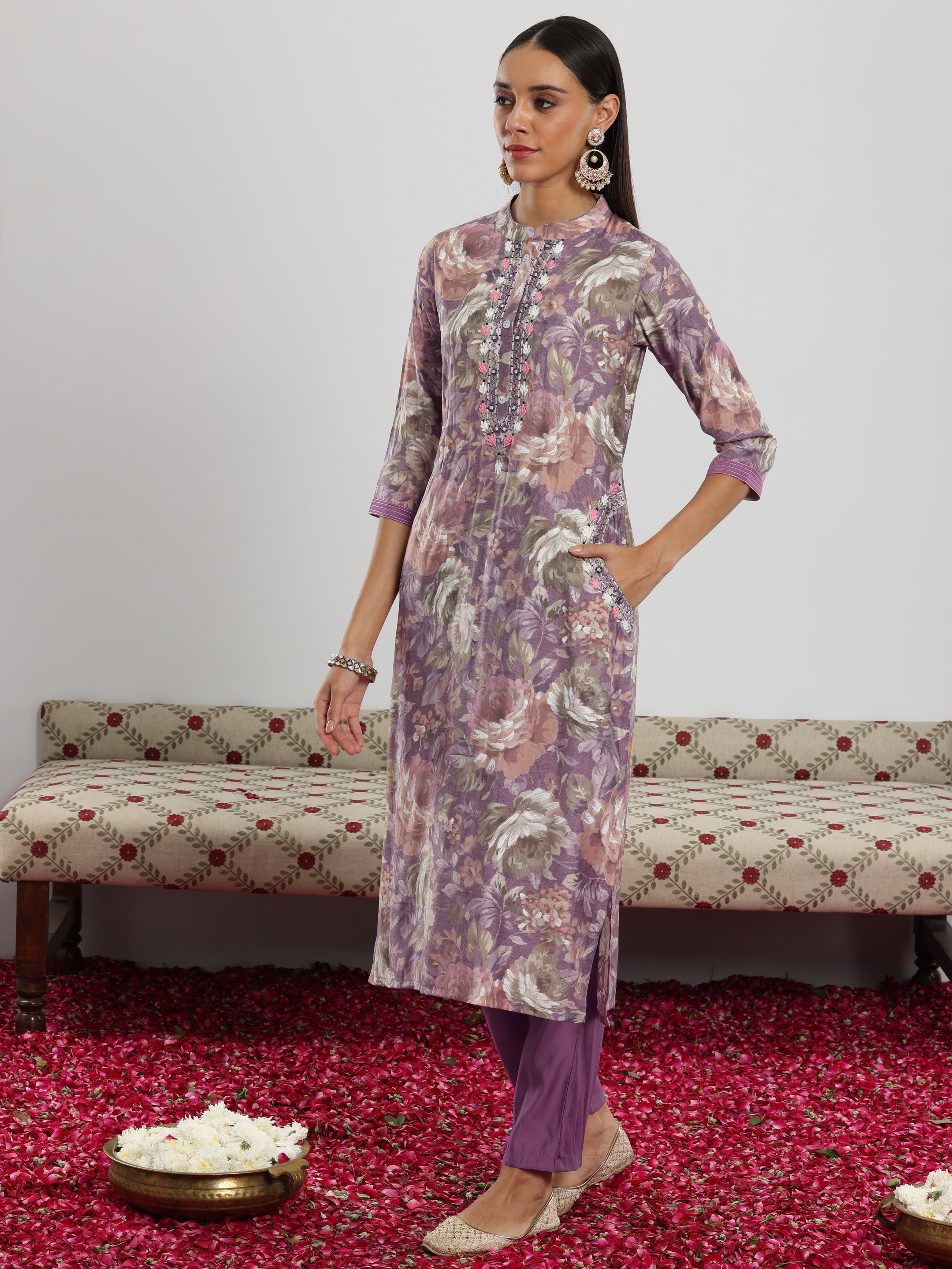 Lavender Printed Silk blend Straight Suit With Dupatta