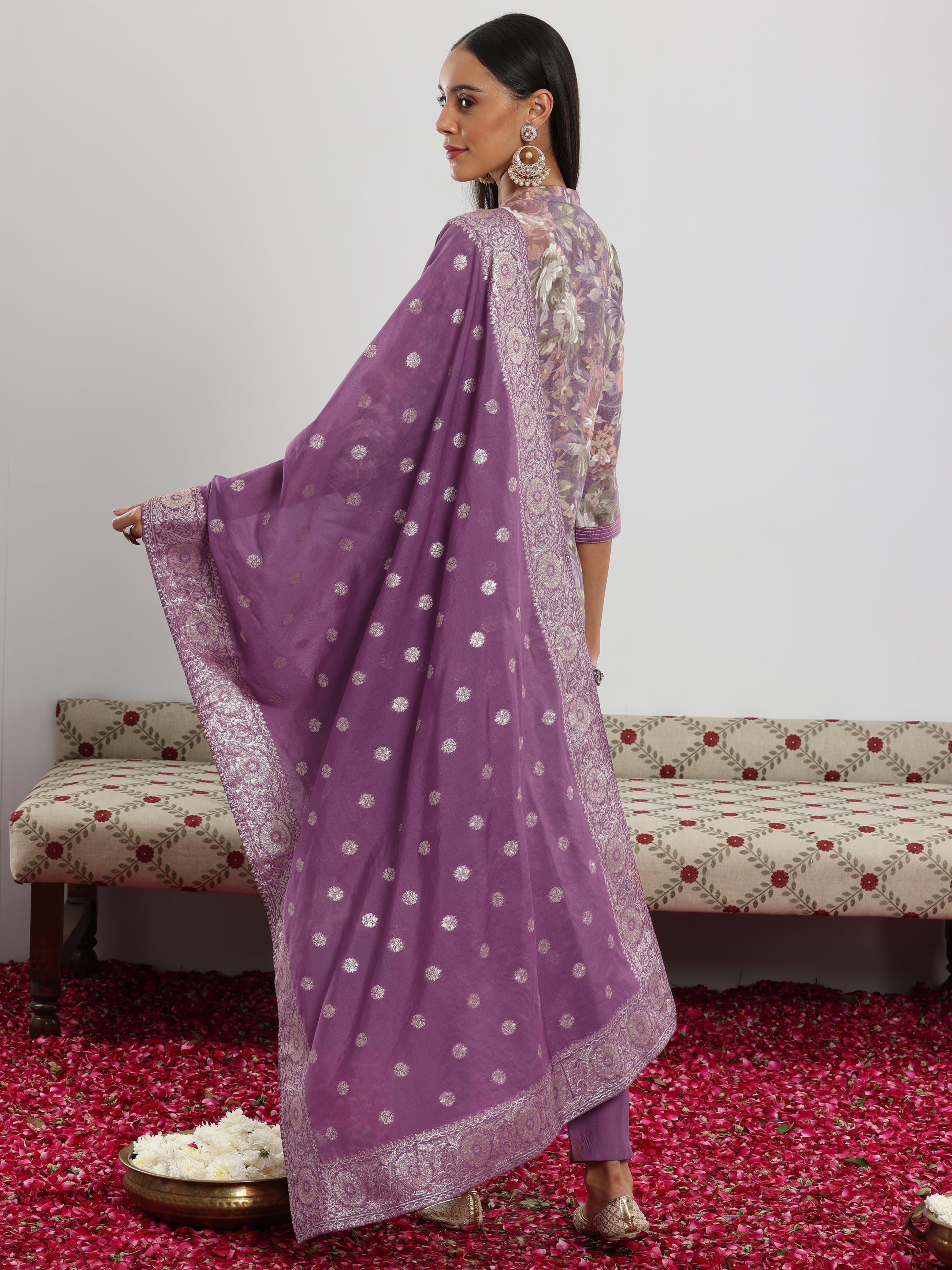 Lavender Printed Silk blend Straight Suit With Dupatta