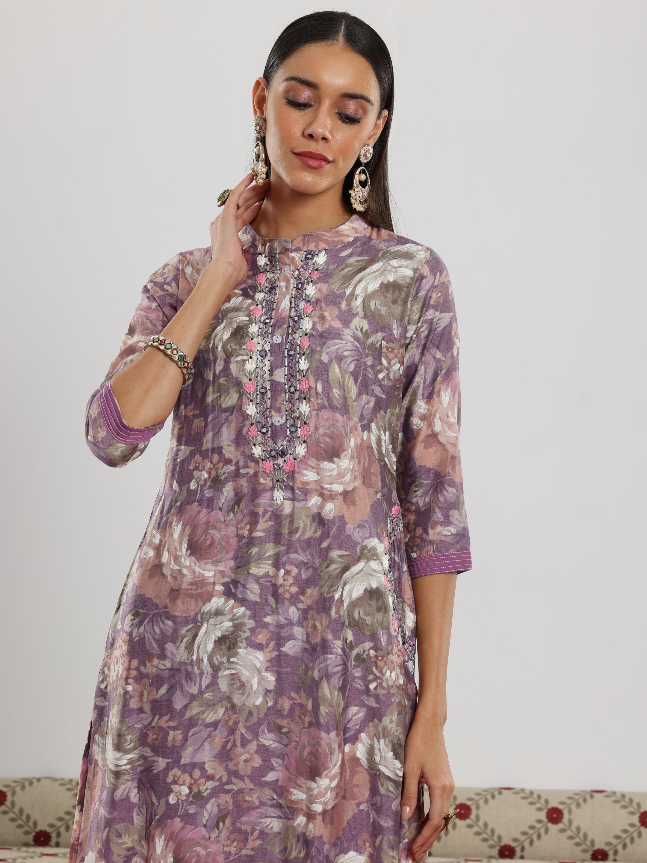 Lavender Printed Silk blend Straight Suit With Dupatta