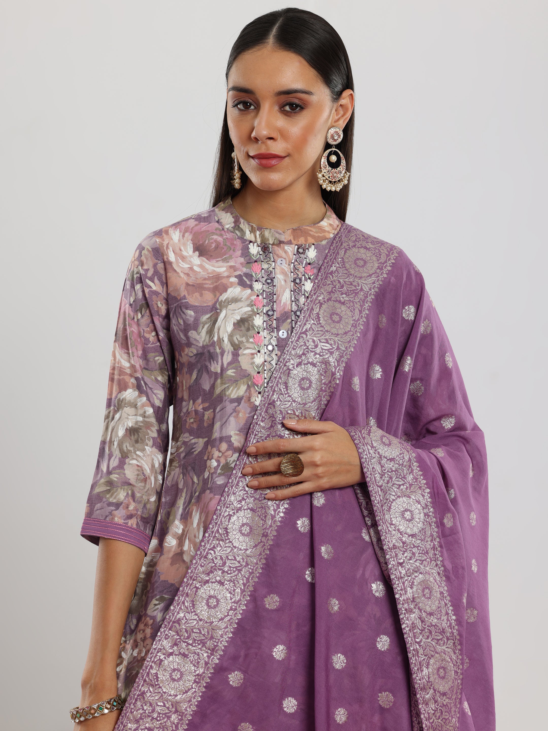 Lavender Printed Silk blend Straight Suit With Dupatta