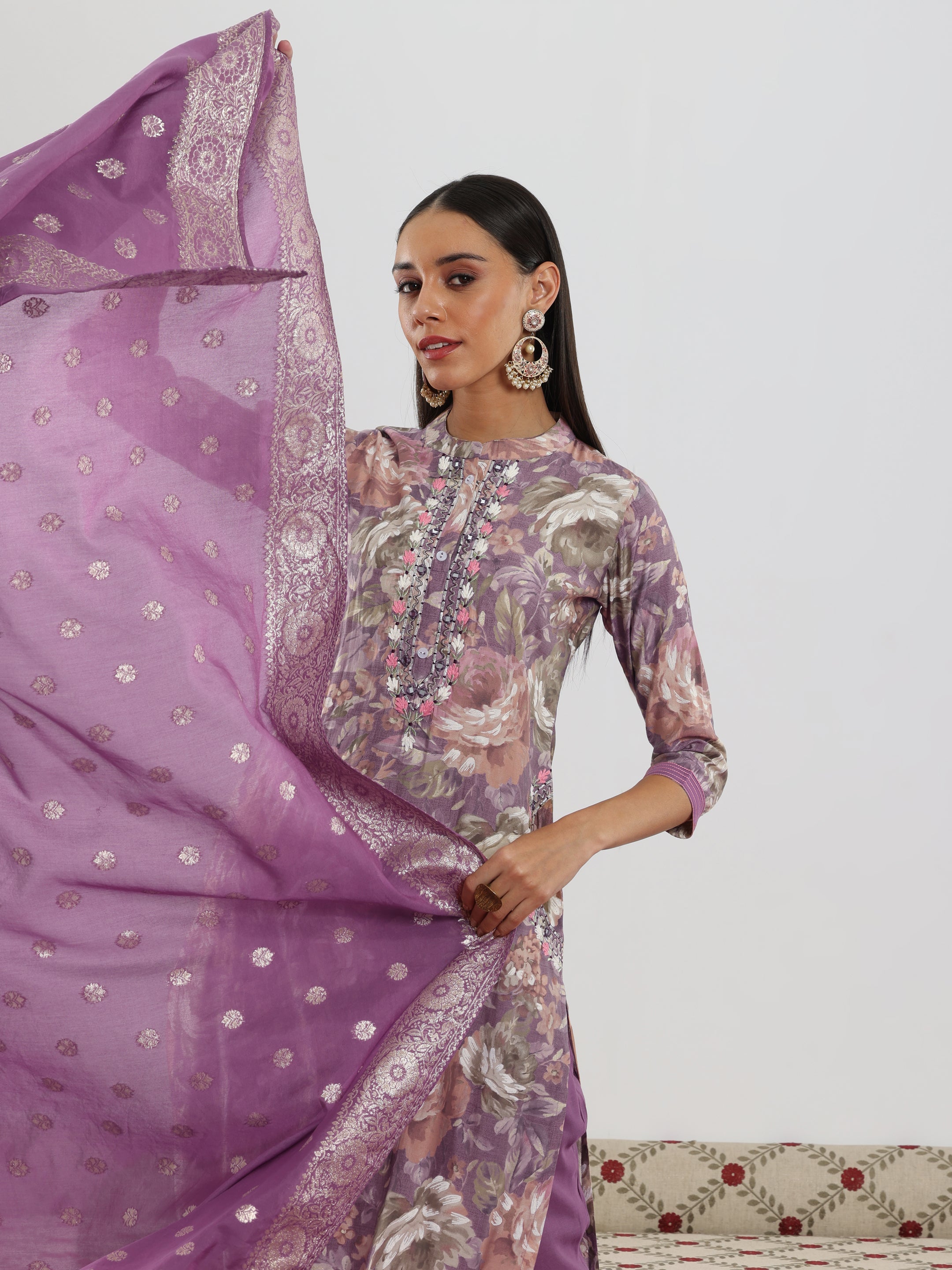 Lavender Printed Silk blend Straight Suit With Dupatta