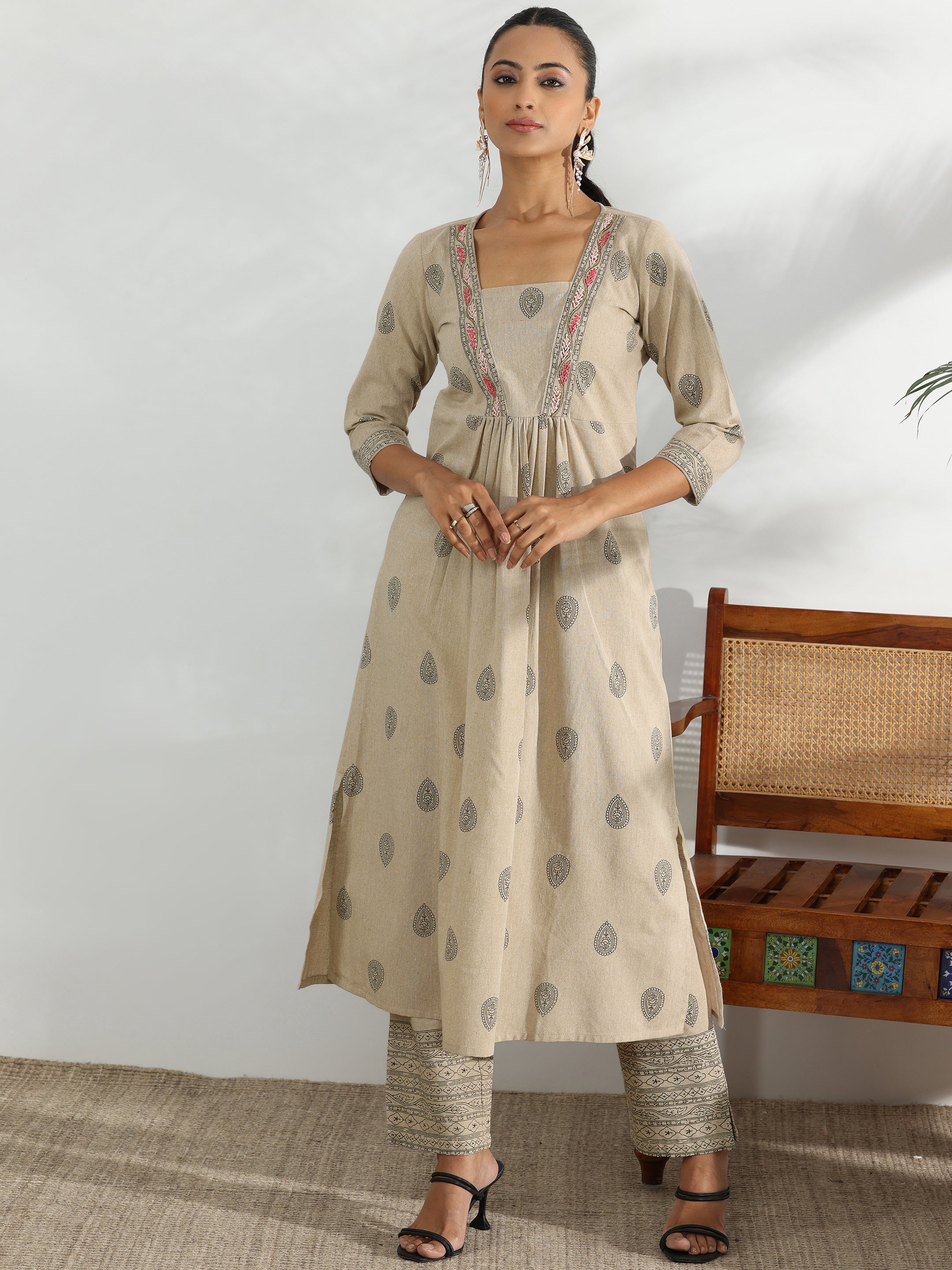 Beige Printed Cotton Blend A-Line Kurta With Trousers