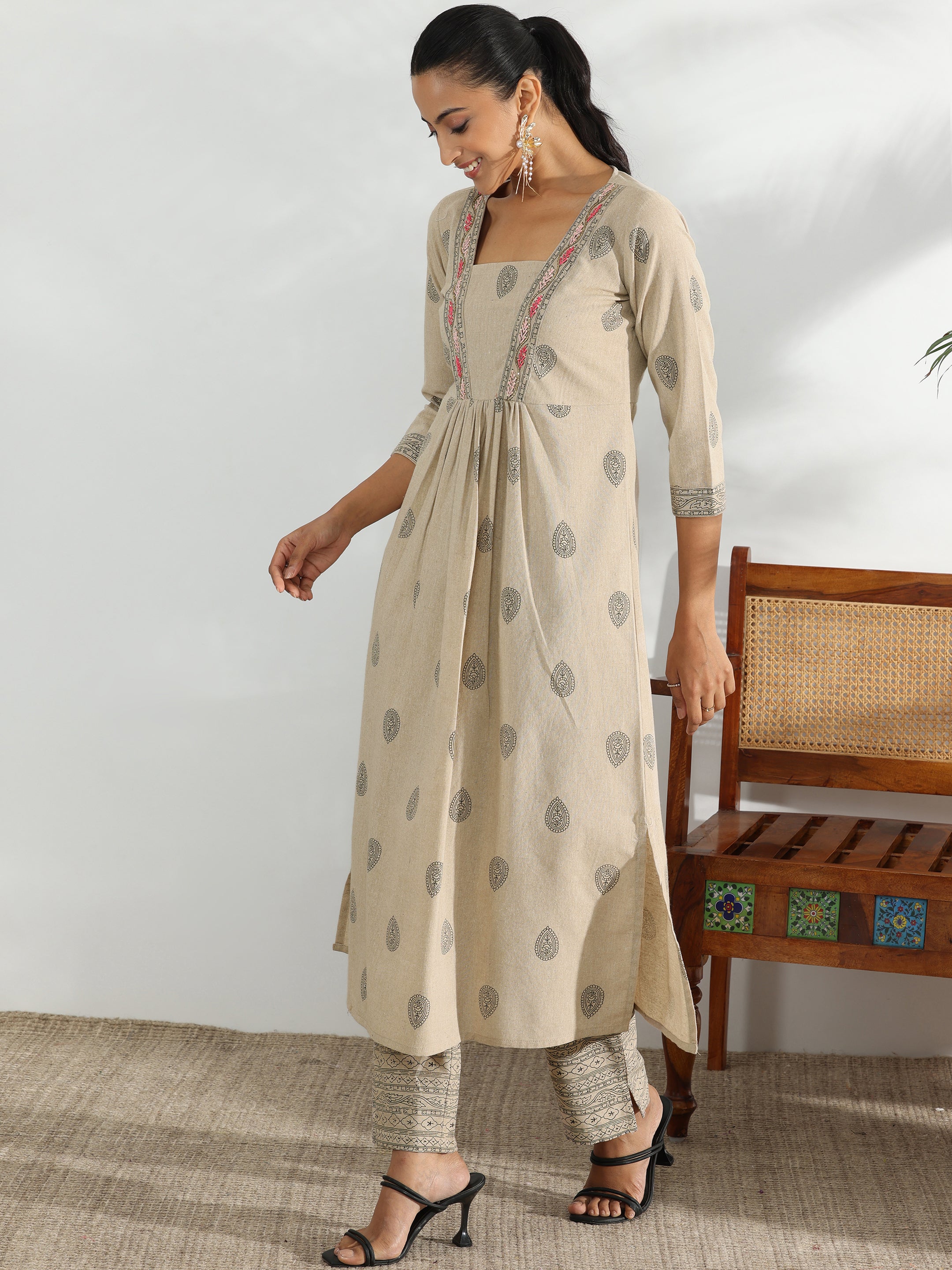 Beige Printed Cotton Blend A-Line Kurta With Trousers