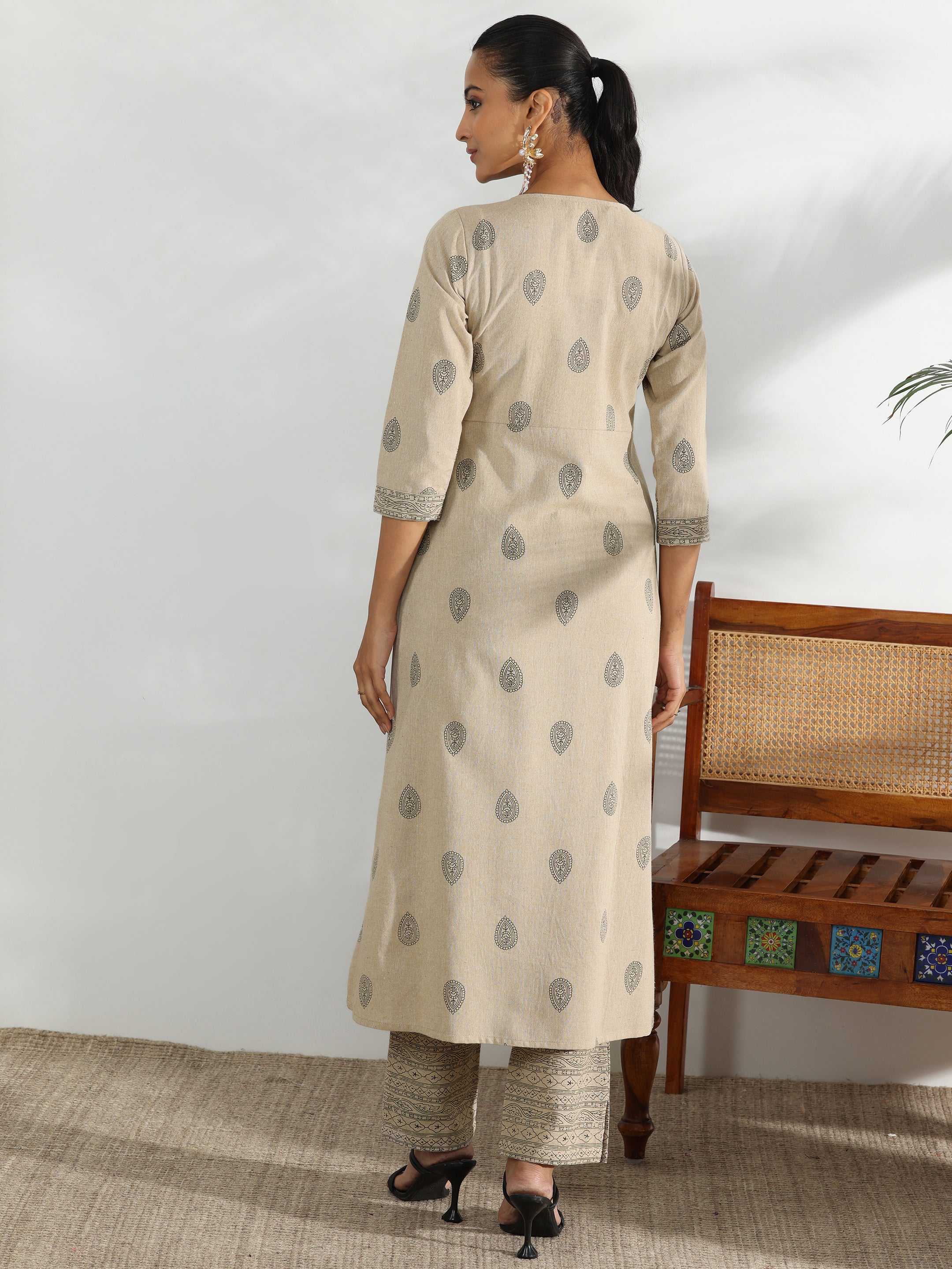 Beige Printed Cotton Blend A-Line Kurta With Trousers