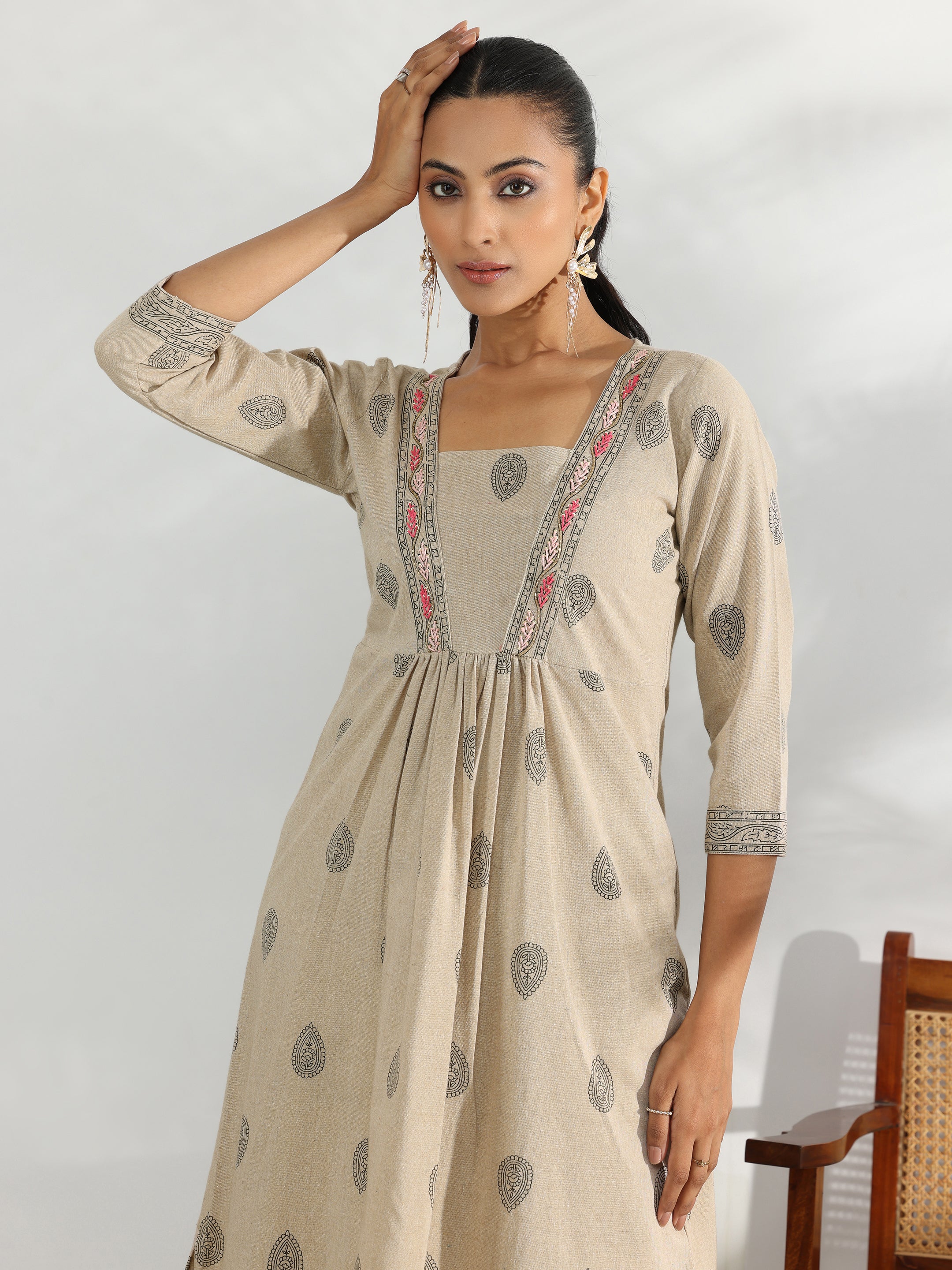 Beige Printed Cotton Blend A-Line Kurta With Trousers