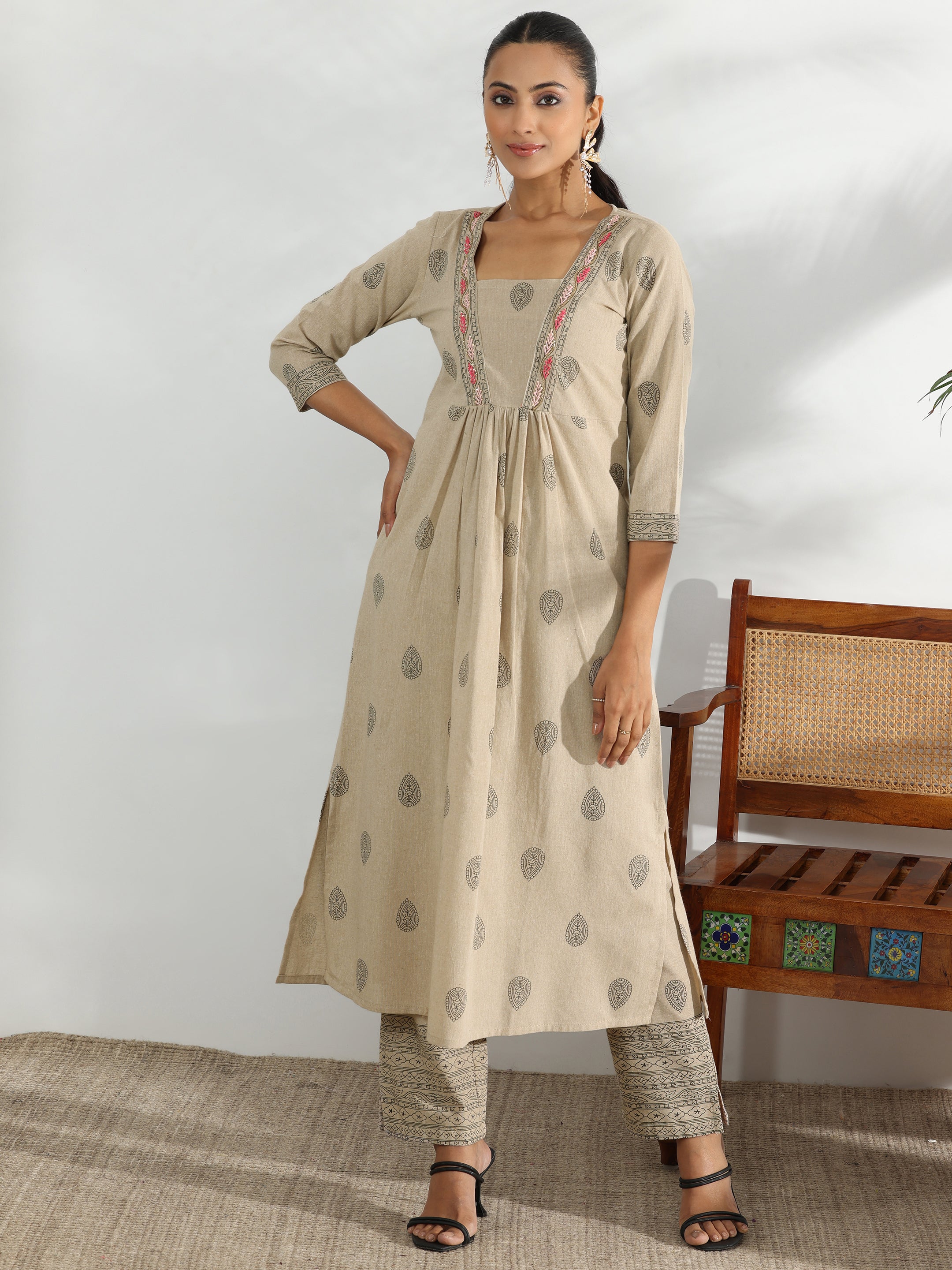 Beige Printed Cotton Blend A-Line Kurta With Trousers