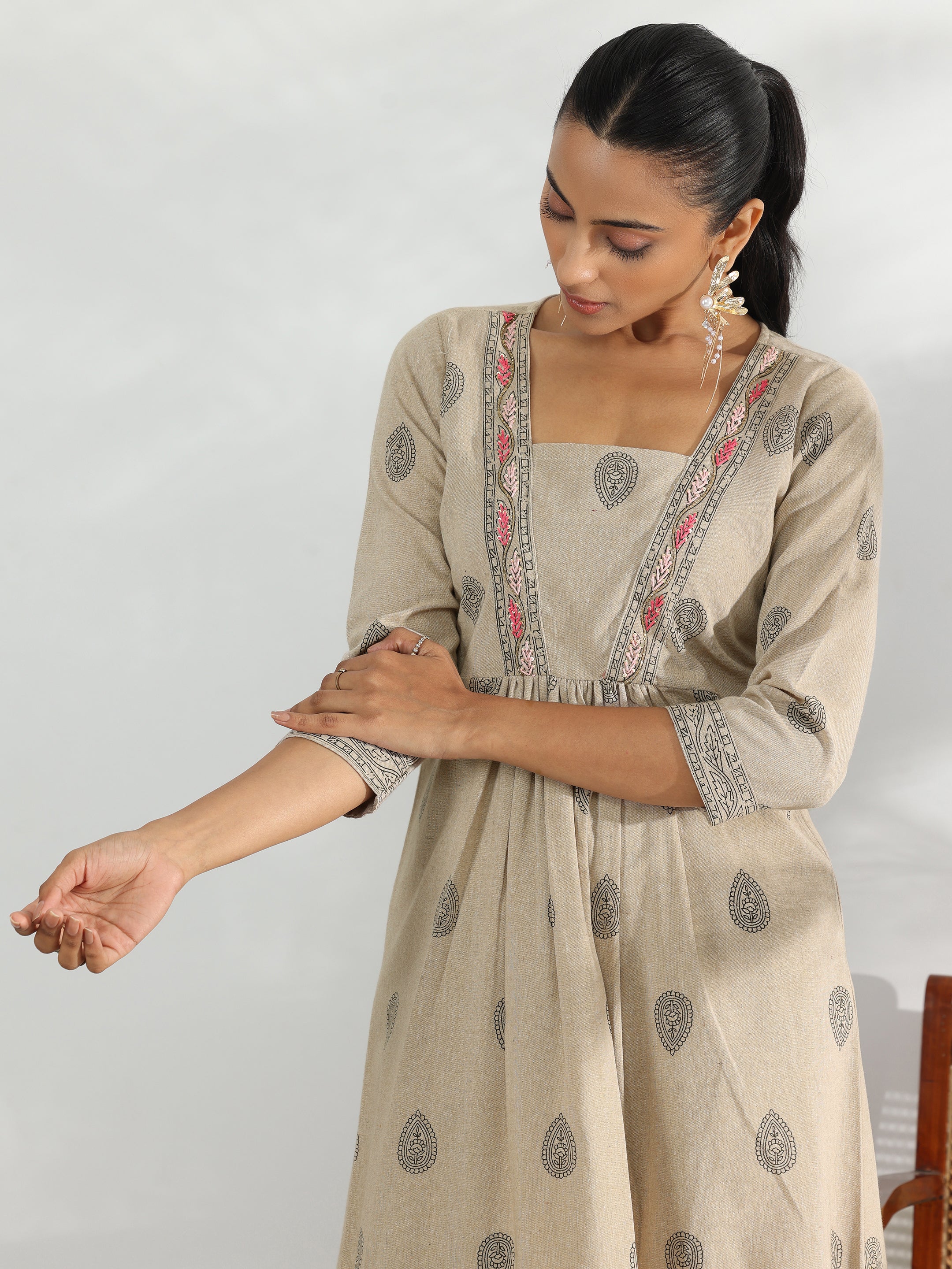 Beige Printed Cotton Blend A-Line Kurta With Trousers