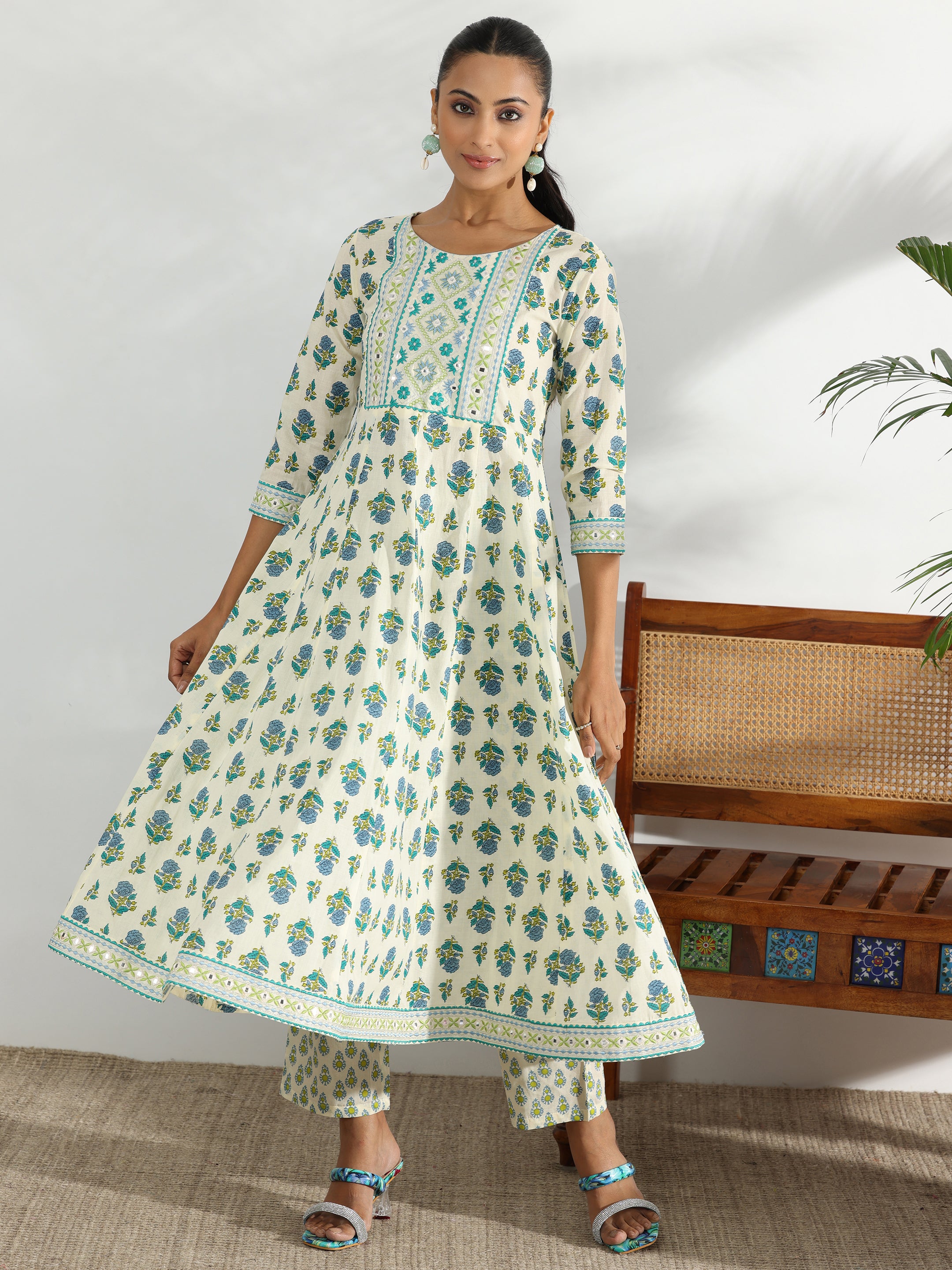 Off White Printed Cotton Anarkali Kurta Set